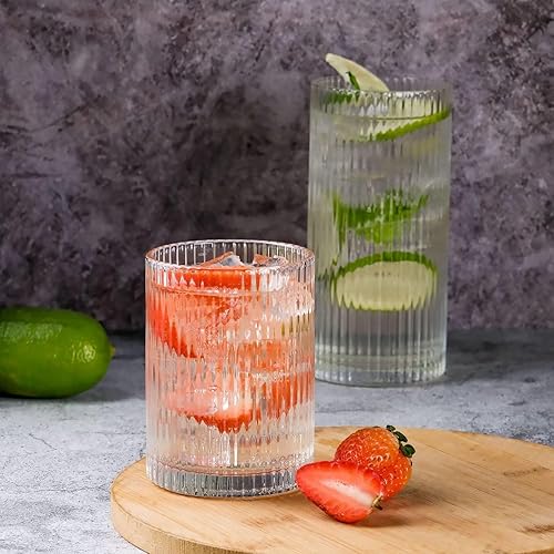Miniatura 4 de WHJY Vasos altos de cristalería acanalados, vasos cortos únicos para uso diario, juego de 4 vasos para cóctel, whisky, cerveza, jugo, 8.8 onzas, 3.7