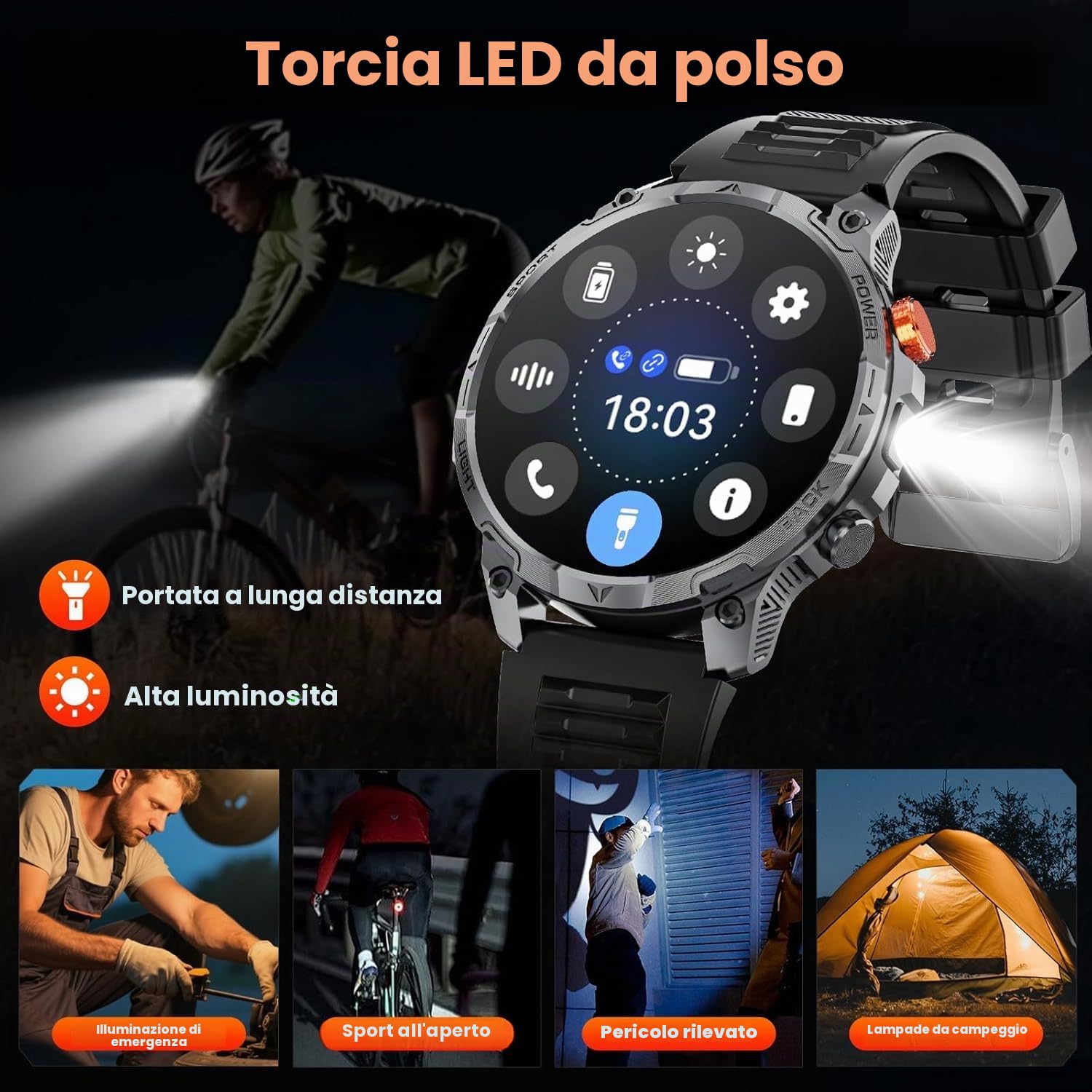 Smartwatch da uomo militare, 100 giorni di autonomia ultra / batteria 1000 mAh / 1,75" HD grande display / torce a LED / frequenza cardiaca 24/7/ monitor del sonno/110+ modalità sport/IP68