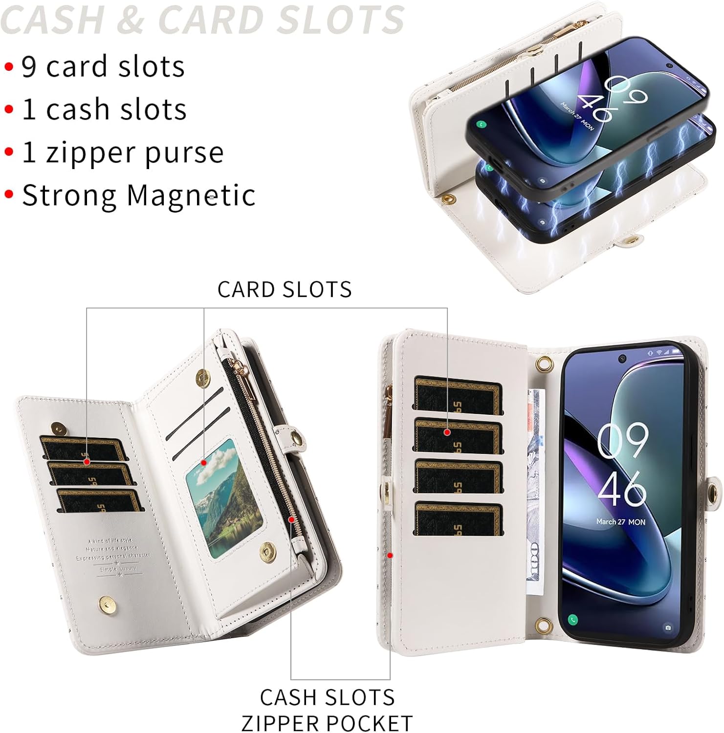 Asuwish Phone Case for TCL 50 XL 5G Zipper Wallet Detachable Cell Cover with Tempered Glass Screen Protector Crossbody Lanyard Strap Glitter Flip Card Holder Slot TCL50XL 50XL T702W Women Girls White