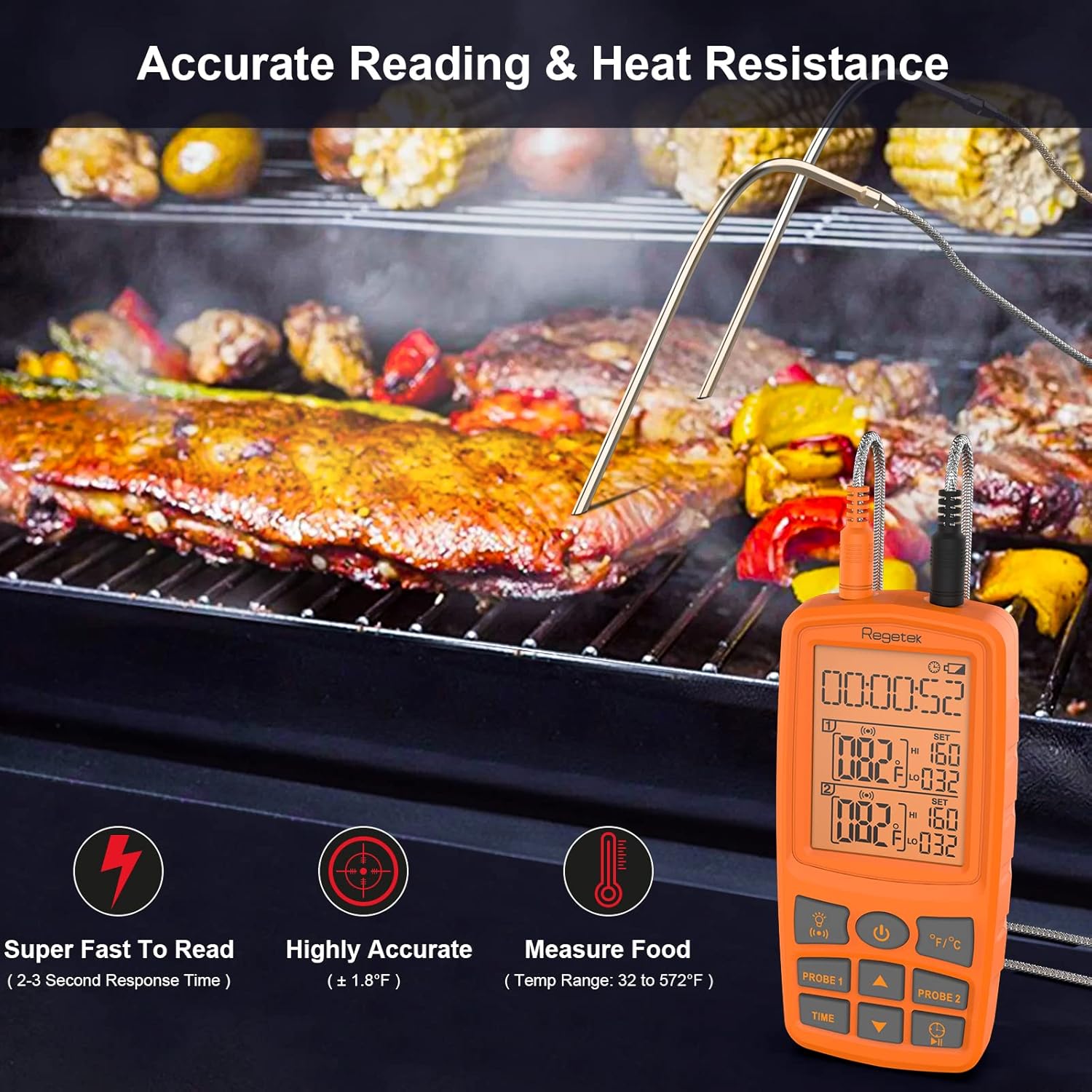 review Regetek Meat Thermometer Cooking Food Smoker Oven Kitchen BBQ Grill Thermometer( High Low Temp Alert) Dual Probe Digital Backlight Cooking Thermometer for Turkey Fish Beef RA60