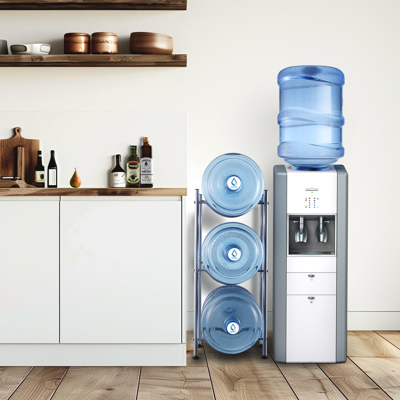 VEVOR in Ferro a 3 Livelli per Acqua in Bottiglia per 3 Bottiglie, 18,9 L, per 3 Bottiglie, Resistente per Cucina Ufficio Soggiorno Argento