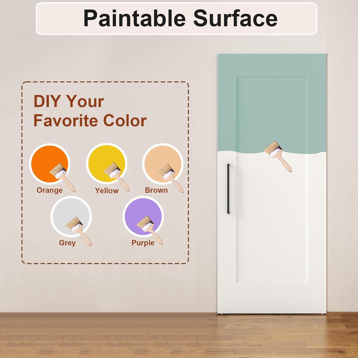 Image showing a white primed door being painted half green, with swatches of orange, yellow, brown, grey, and purple paint, indicating the door's paintable surface.