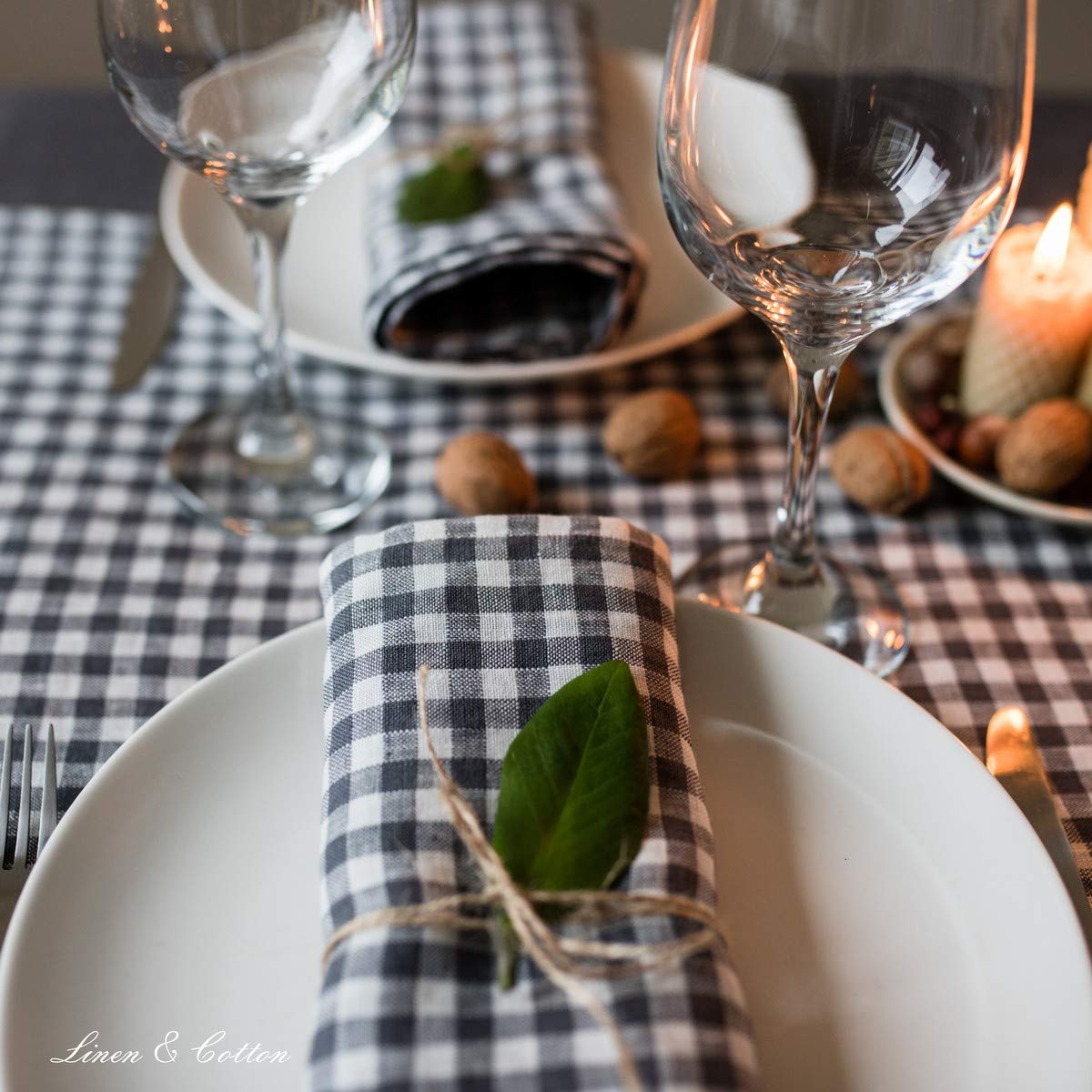 Linen & Cotton Tovaglioli di Stoffa a Quadretti Grigi e Bianchi Estella Set di 4-100% Lino, Grigio Bianco (32 x 32 cm) Tovaglioli Country Rustici per Tavolo Cucina Caffe Ristorante Primavera Pasqua