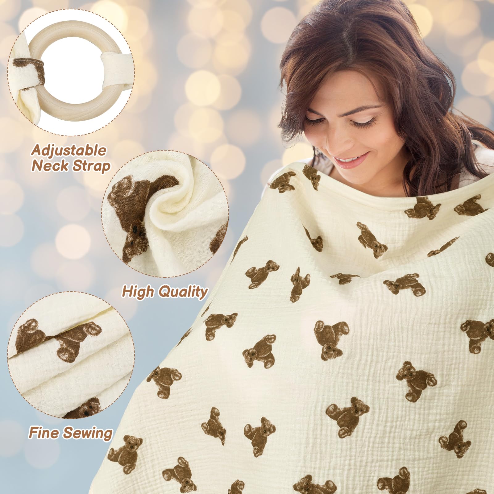 GSrenyu Breastfeeding Cover,Breathable Baby Nursing Cover Cotton Baby Breastfeeding Poncho with Adjustable Strap for Moms in Public(Bear) - Image 4