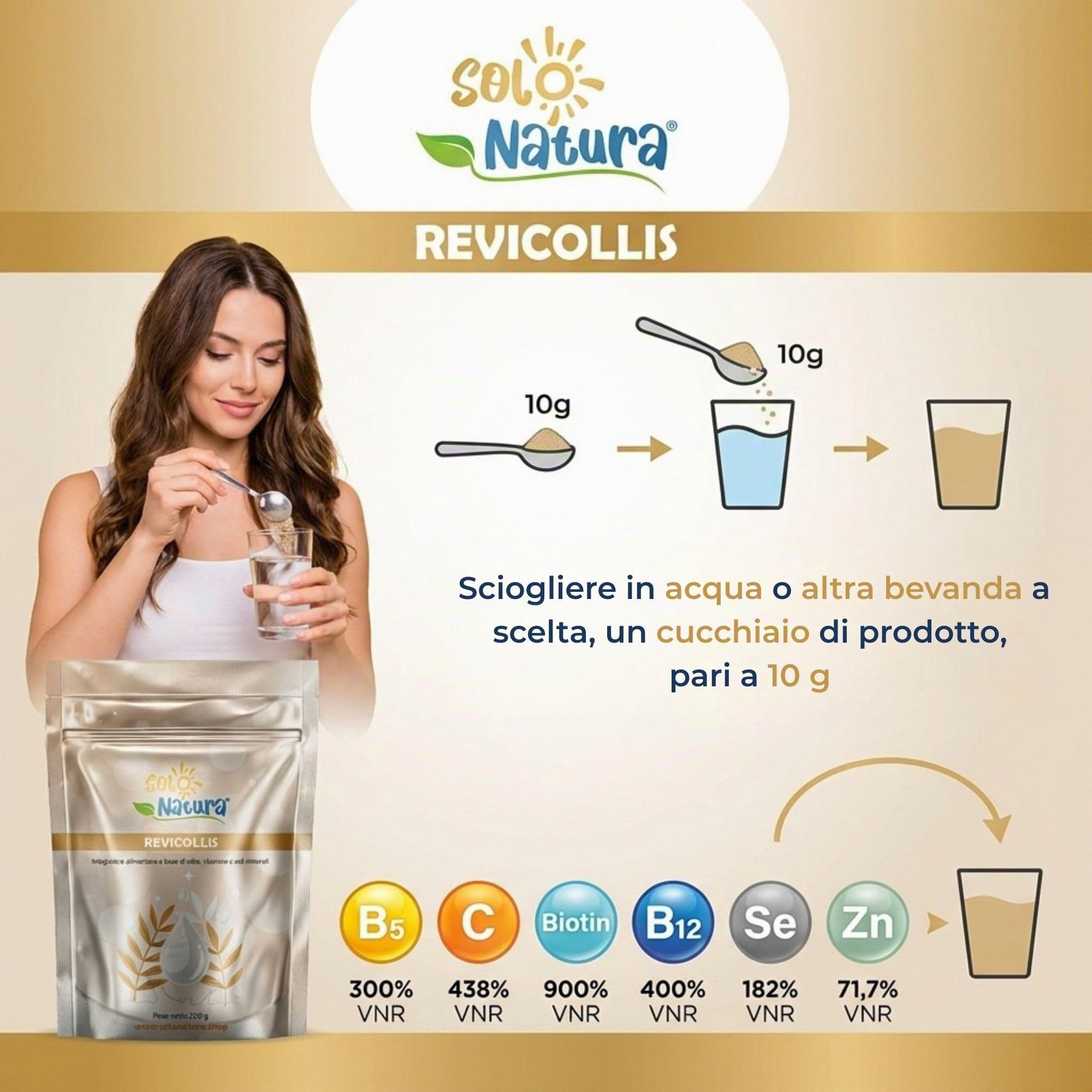 Integratore con Collagene Marino Idrolizzato in Polvere da Bere REVICOLLIS. Integratore Alimentare per Pelle Unghie e Capelli con Collagene Vitamina C Zinco e Selenio. 200 G