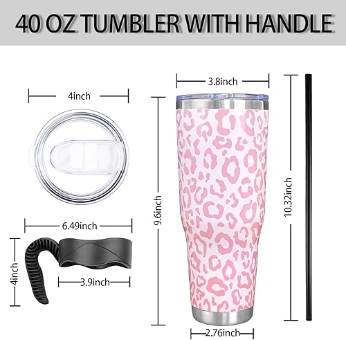 Miniatura 6 de Vaso de 40 onzas de leopardo con asa, vaso de acero inoxidable de 40 onzas con asa y pajita, vaso de café con estampado de leopardo rosa, regalo de