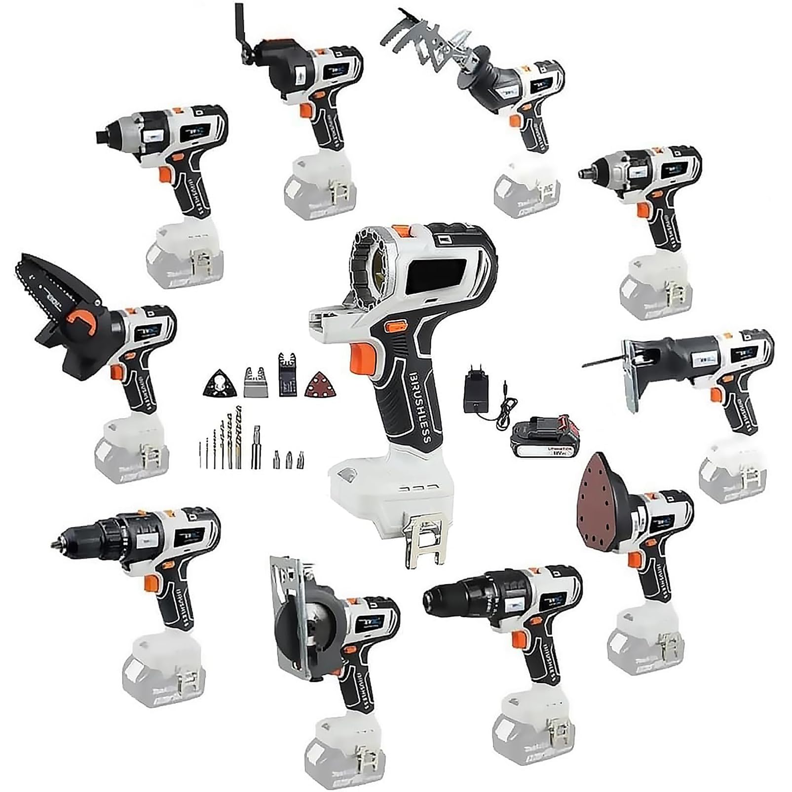 Kit combinado de herramientas eléctricas sin escobillas, juego de herramientas de carpintería inalámbrica con 2 y caja de herramientas, incluye taladro de impacto, llave eléctrica, sierra circular, si