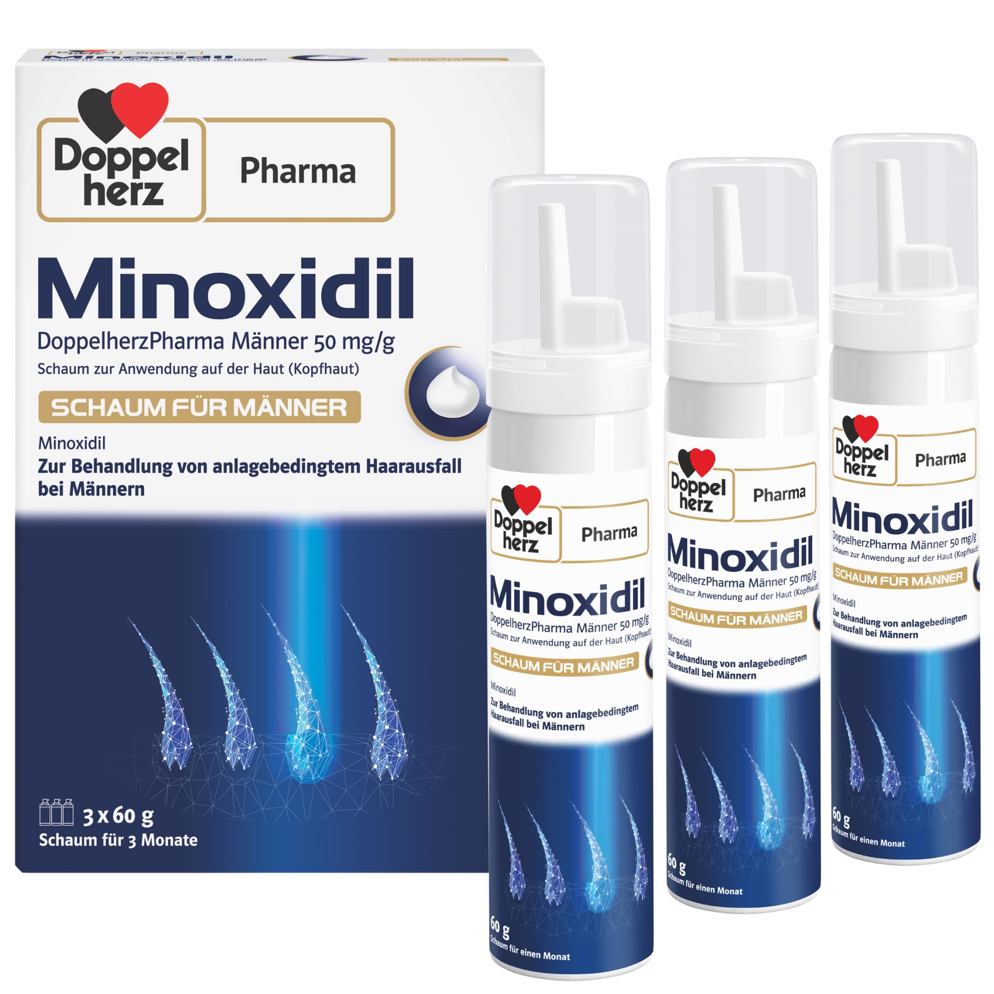 Minoxidil DoppelherzPharma Männer 50 mg/g Schaum zur Anwendung auf der Haut (Kopfhaut) – Arzneimittel zur Behandlung von erblich bedingtem Haarausfall bei Männern ab 18 Jahren (3 x 60g)
