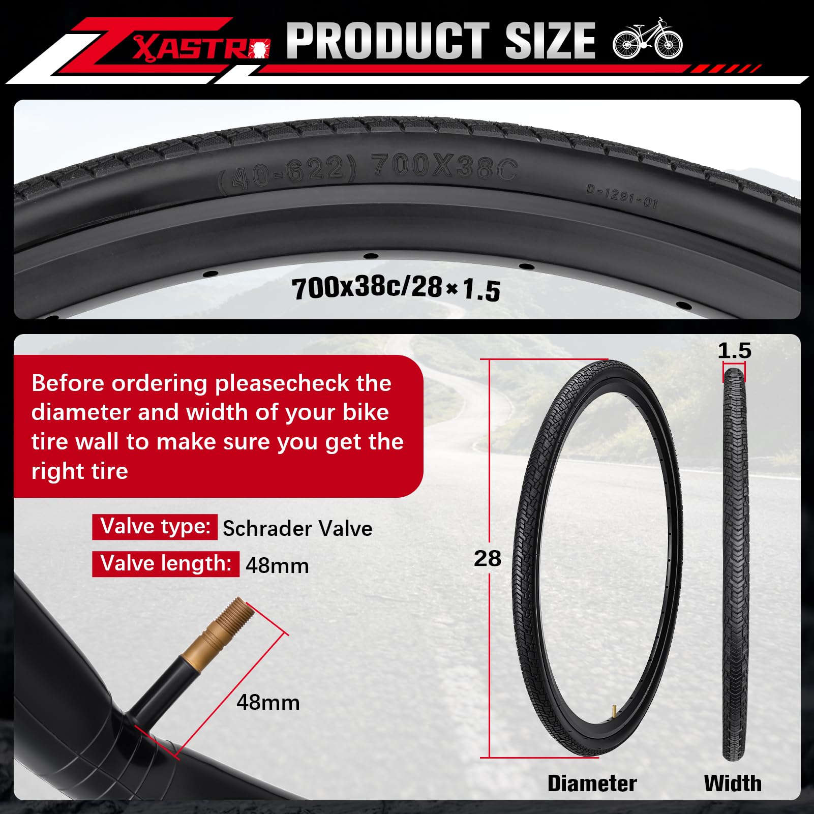 Lot de 2 pneus de vélo pliables de 28" 700 x 38 C - Gaine 40-622 et 2 chambres à air 700C FV48 mm - Valve compatible avec pneus de vélo de 28" - Tubes à air - Accessoires de vélo