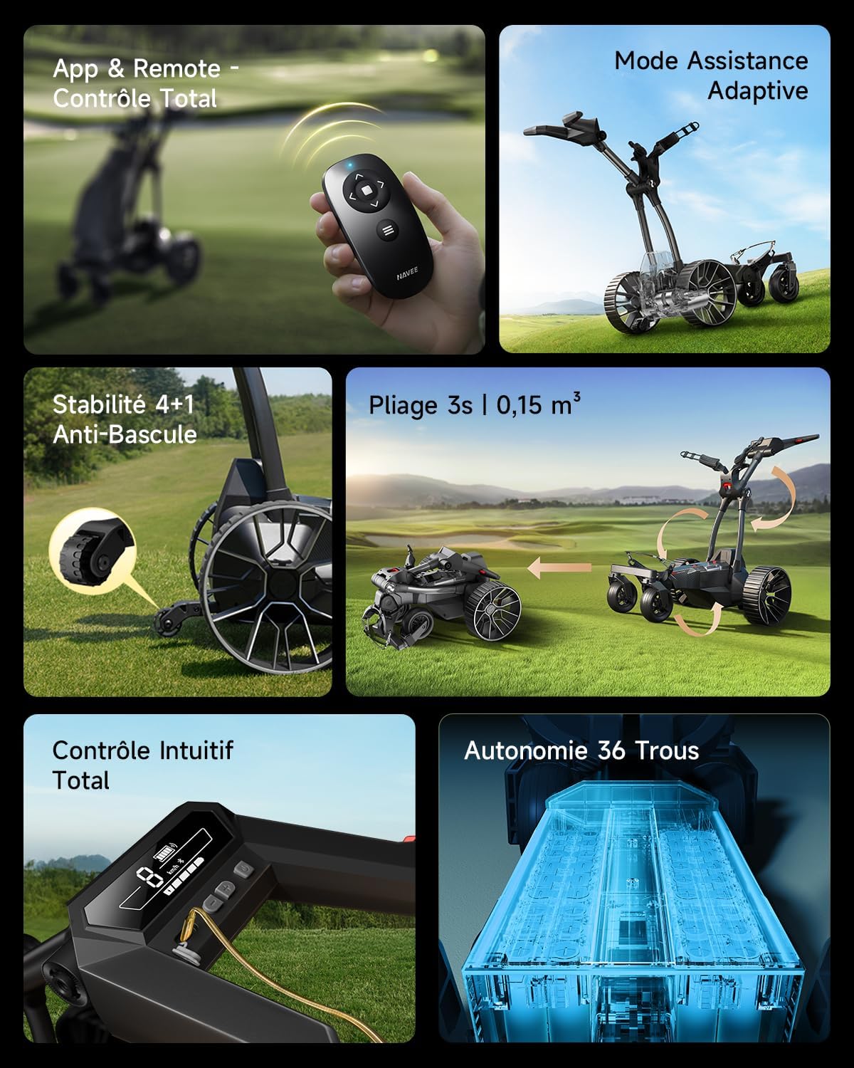 NAVEE Birdie 3X Carrito de Golf Eléctrico con Seguimiento Automático, Batería 36 Hoyos, Ruedas Todoterreno, Plegable