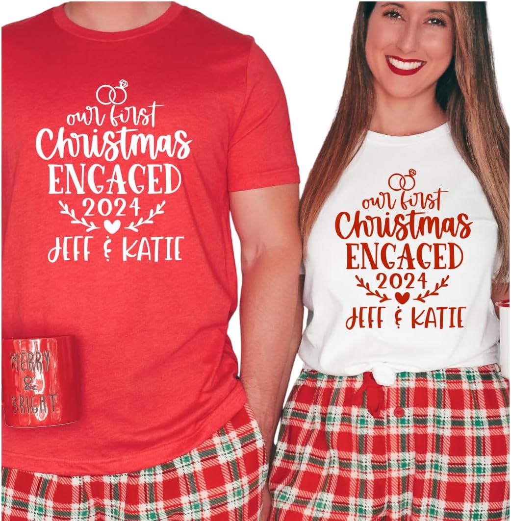 Personalized Our First Christmas Engaged Shirt – Newly Engaged Couple Holiday Shirt, His and Hers Matching Pajama Top, Fiancé Gift Multicolor