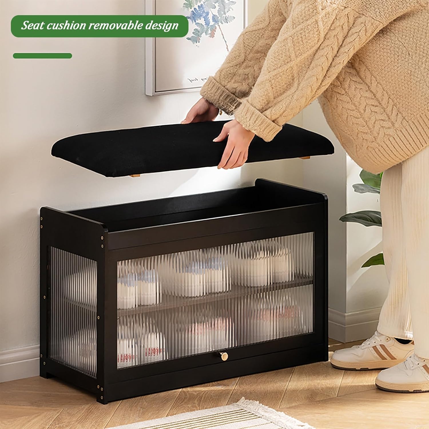 Bamboo Shoe Bench with Storage, Transparent Acrylic Shoe Rack Bench, Enclosed Dustproof, Entrance Shoe Bench, Shoe Rack with Seat, for Bedroom, Living Room (Color : Brown, Size : 19''/50c