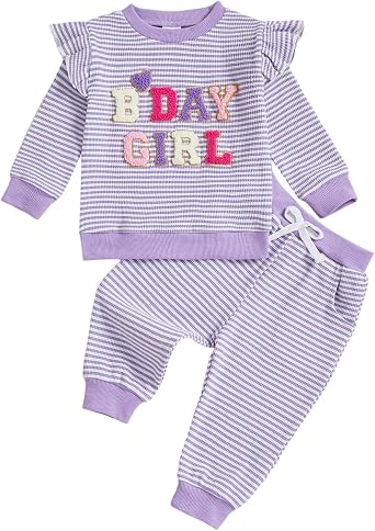 Gaono Toddler Baby Girl Fall Clothes Big Sister Little Sister Macthing Outfits Shirt And Pants Striped Waffle Knit Set