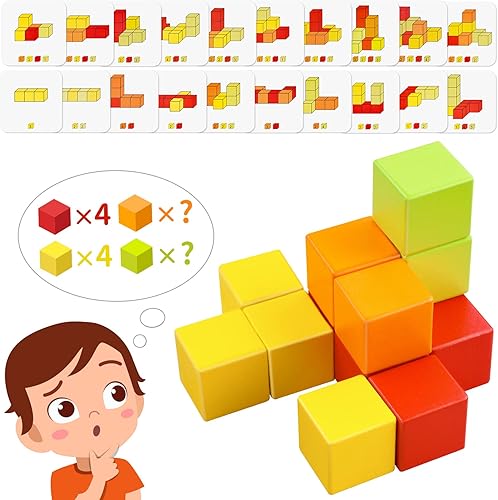 Miniatura 8 de Cubo de madera de juguete 16 piezas de bloques de construcción para niños, 40 tarjetas de patrón y bolsa de almacenamiento, 4 colores 3D juego de