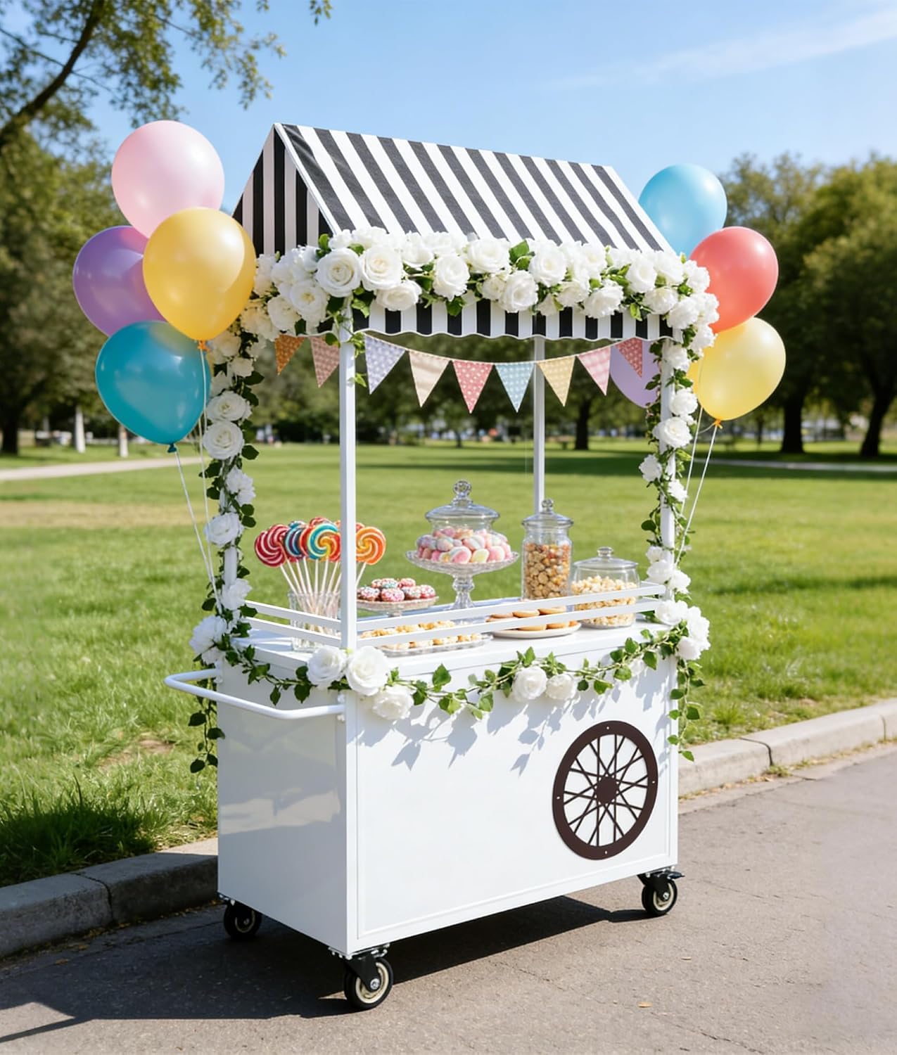 KEhtu Carrito De Dulces para Fiestas, Expositor De Pasteles con 3 Compartimentos De Almacenamiento Y 4 Ruedas, Carrito De Postres Vintage con Toldo, para Cumpleaños, Bodas Y Eventos, Uso Doméstico Y
