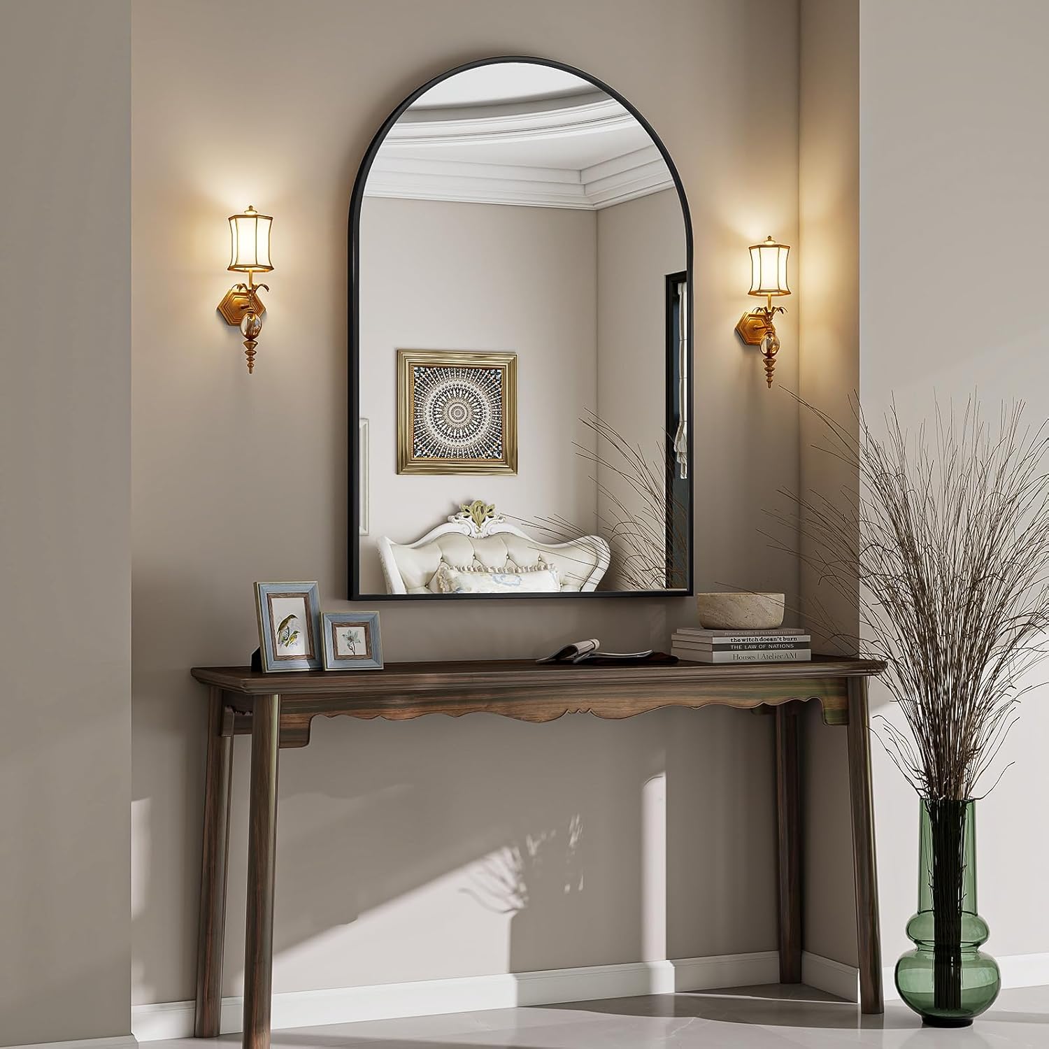VooBang Large Arched Wall Mirror, 32 x 48 inch Arch Bathroom Mirror, Wall Mounted Vanity Mirror with Arch Metal Frame, Modern Bathroom Vanity Mirror for Bedroom, Living Room, Hanging or Leaning, Black