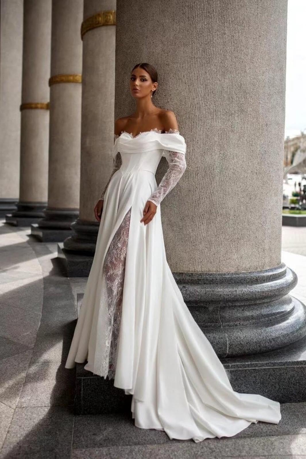 HUINI Damen Schulterfreies Brautkleid mit Schleppe Satin Spitze Langarm A-Linien Korsett Hochzeitskleid