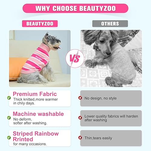 Miniatura 6 de BEAUTYZOO Suéter para perros pequeños, suéteres a rayas para mascotas, ropa de perro de otoño e invierno, suéter de punto de cuello alto para perros