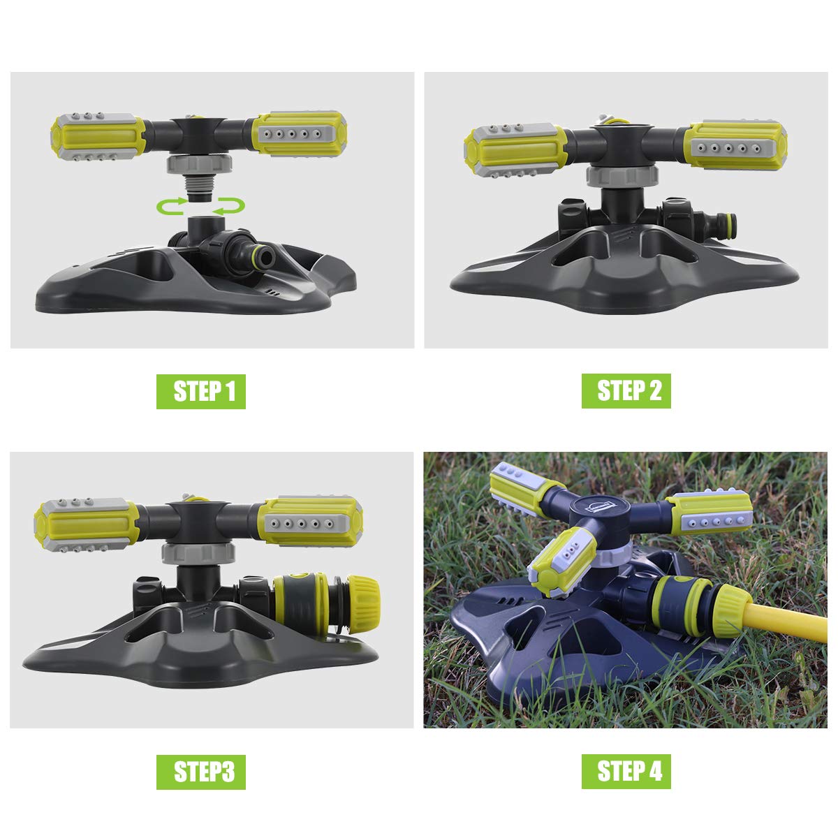 Arroseur d'eau de Jardin, DEWINNER Irrigation Automatique Rotative à 360°de la Pelouse,3 Bras Rotatifs Réglables pour Les Légumes à Fleurs Végétales,2 Buses de Pulvérisation Circulaires,3 Connecteurs