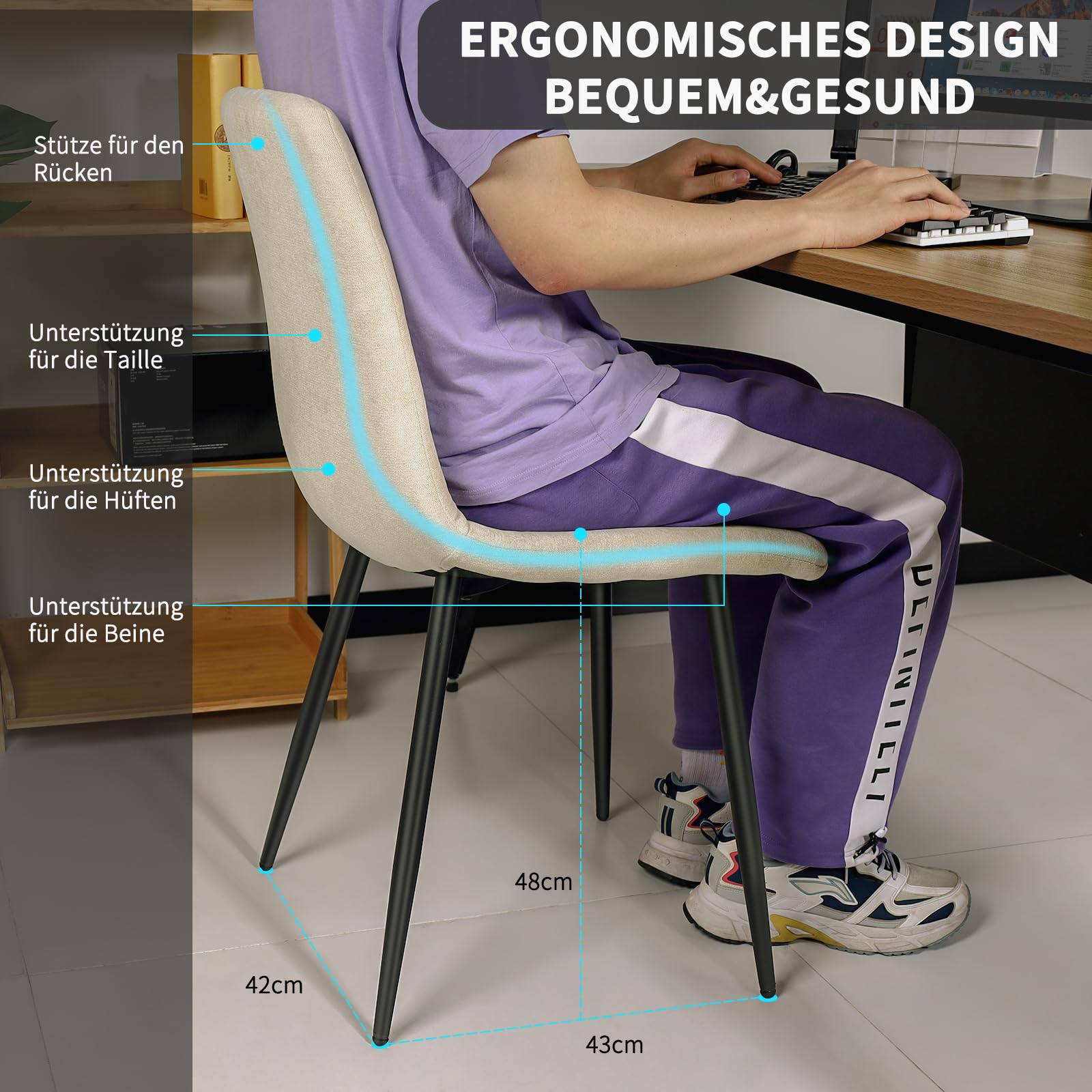 JIJIAN 4er Set Esszimmerstühle, Gepolsterte Stühle mit Leinenstoff und Schwarzen Metallbeinen, Schachbrettmuster, Esszimmerstühle für Esszimmer Wohnzimmer Küche, Beige