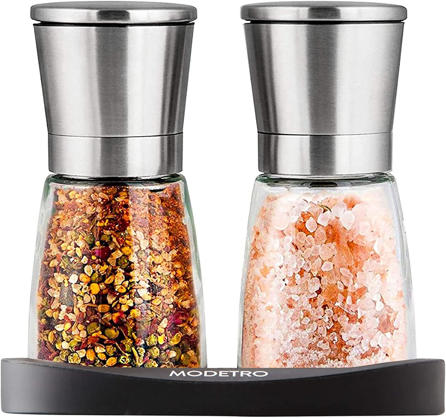 Salt and Pepper Shakers Set Adjustable Coarseness Pepper Grinder Mill for Sea Salt Spice Stainless Steel Glass 2 Pack