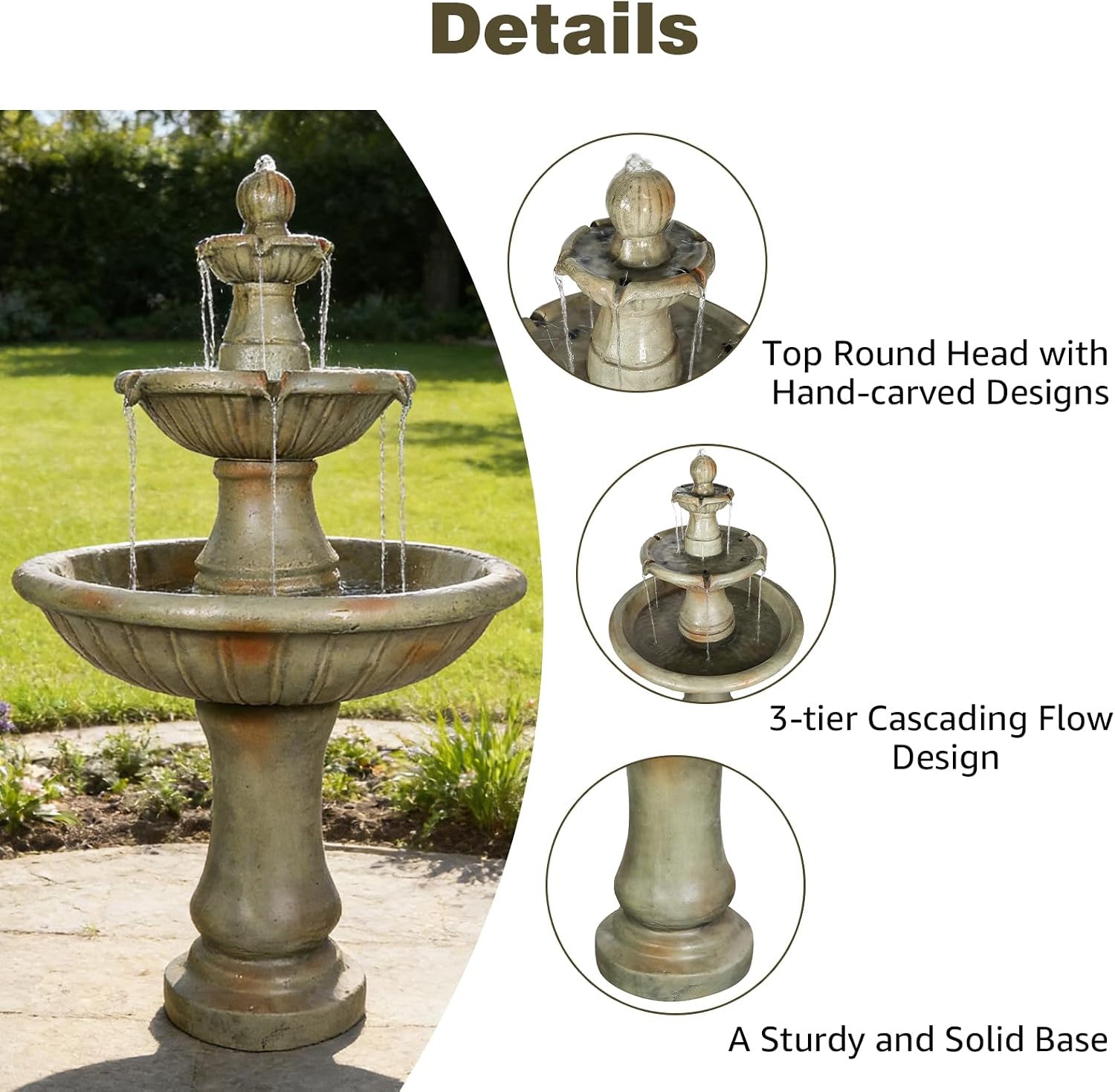 Naturefalls 51.5" Water Fountain Outdoor - Large Waterfall Fountain Outside, 3-Tiers Cascading, Fiber Reinforced Concrete, Indoor and Outdoor Fountain for Garden, Patio, Backyard, Lawn, Yard Decor