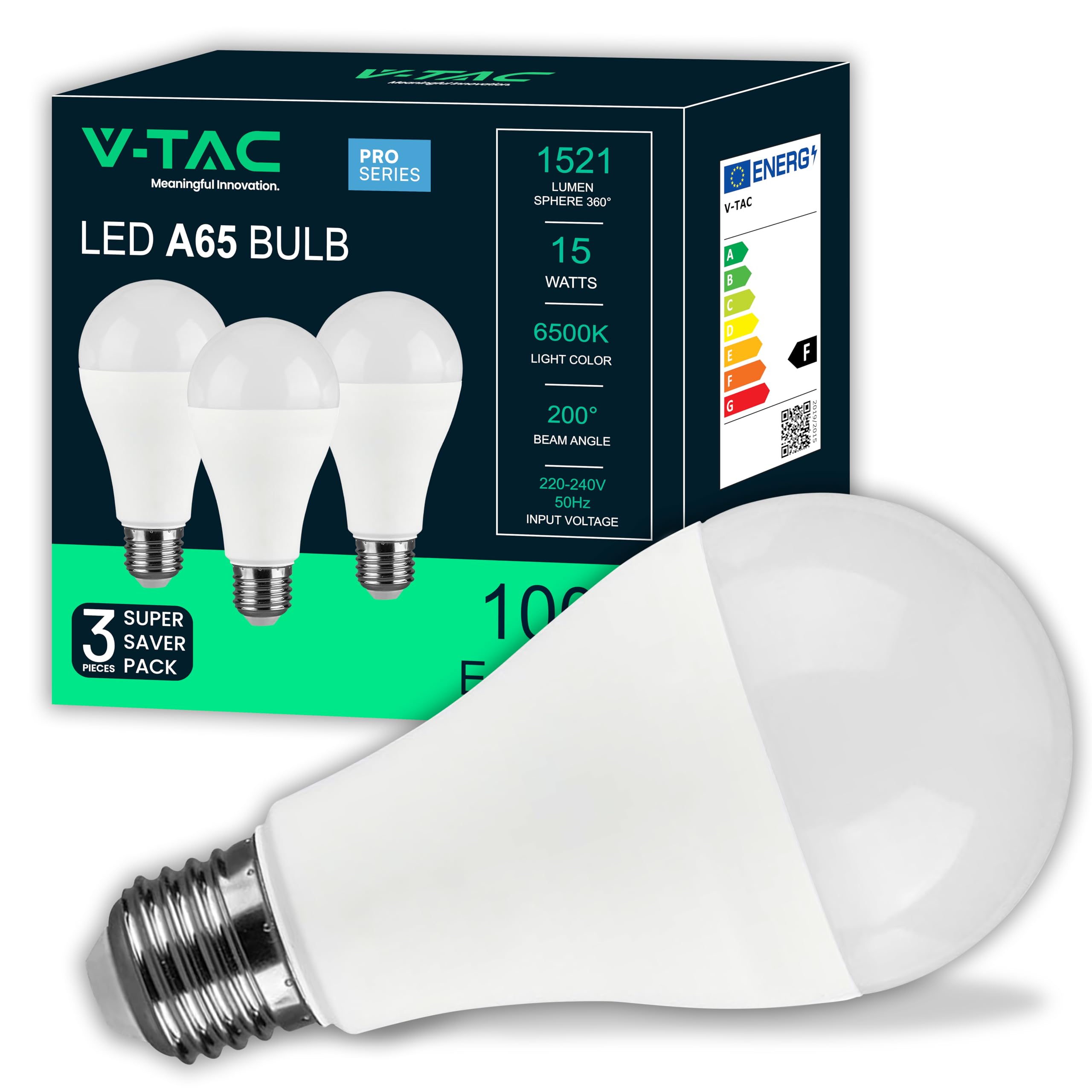 V-TAC 3x Lampadine LED 15W ad Alta Luminosità 1521 Lumen - E27 A65 - Lampadine Nuova Generazione - 6500K Luce Bianco Freddo - Equivalenti a 100W - Box da 3