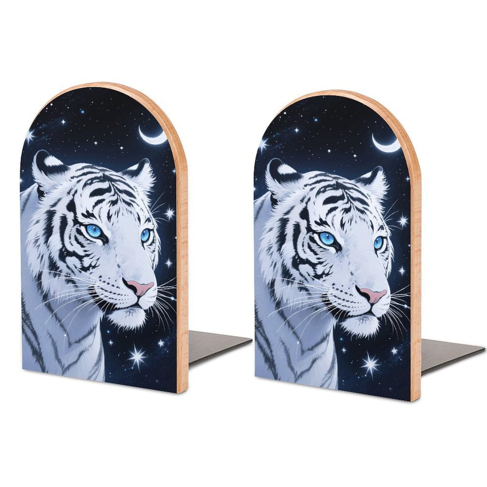 Tiger and Moon Bookends for Shelves Non Skid Book Stoppers Universal Economy Bookend Heavy Duty Wood Book End Decorative Book Shelf Holder for Home Office Desk 1 Pair