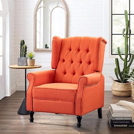 Altrobene Pushback Recliner Chair, Modern Accent Arm Chair, Fabric Wingback Chair for Living Room Bedroom, Orange