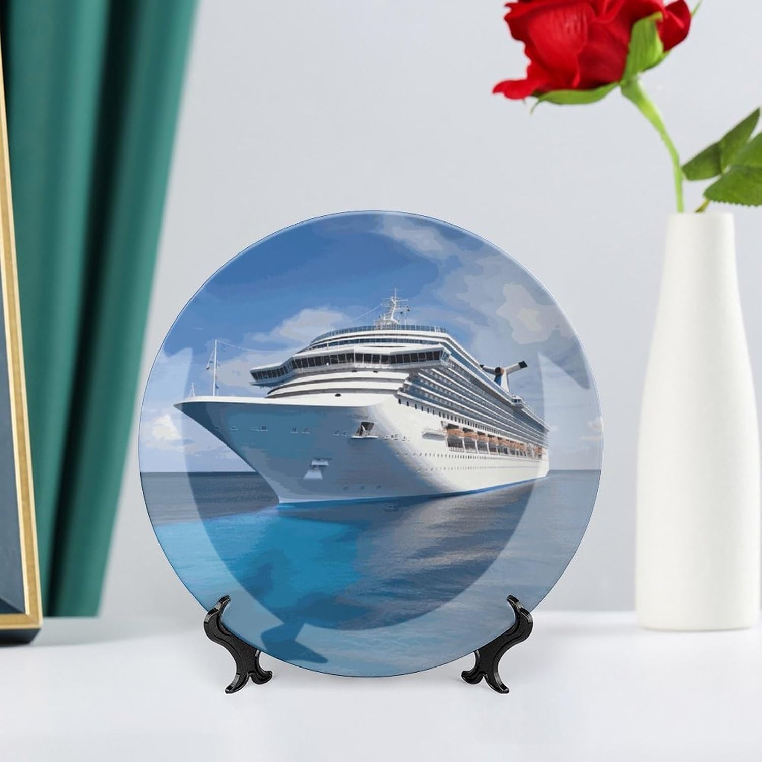 Cruise Ship Bone China Decorative Plate with Display Stand, Ceramic Ornaments Plate for Wall Hanging, Personalized Porcelain Plates for Office, Living Room 8inch