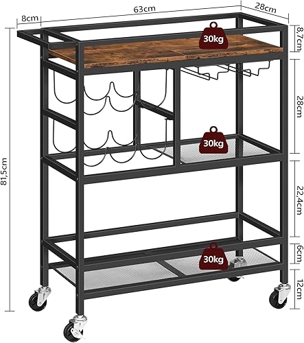 Miniatura 3 de Carrito de bar para el hogar, carrito de servicio de 3 niveles con ruedas y asa, carrito de bebidas con estante para vino y soportes para vidrio,