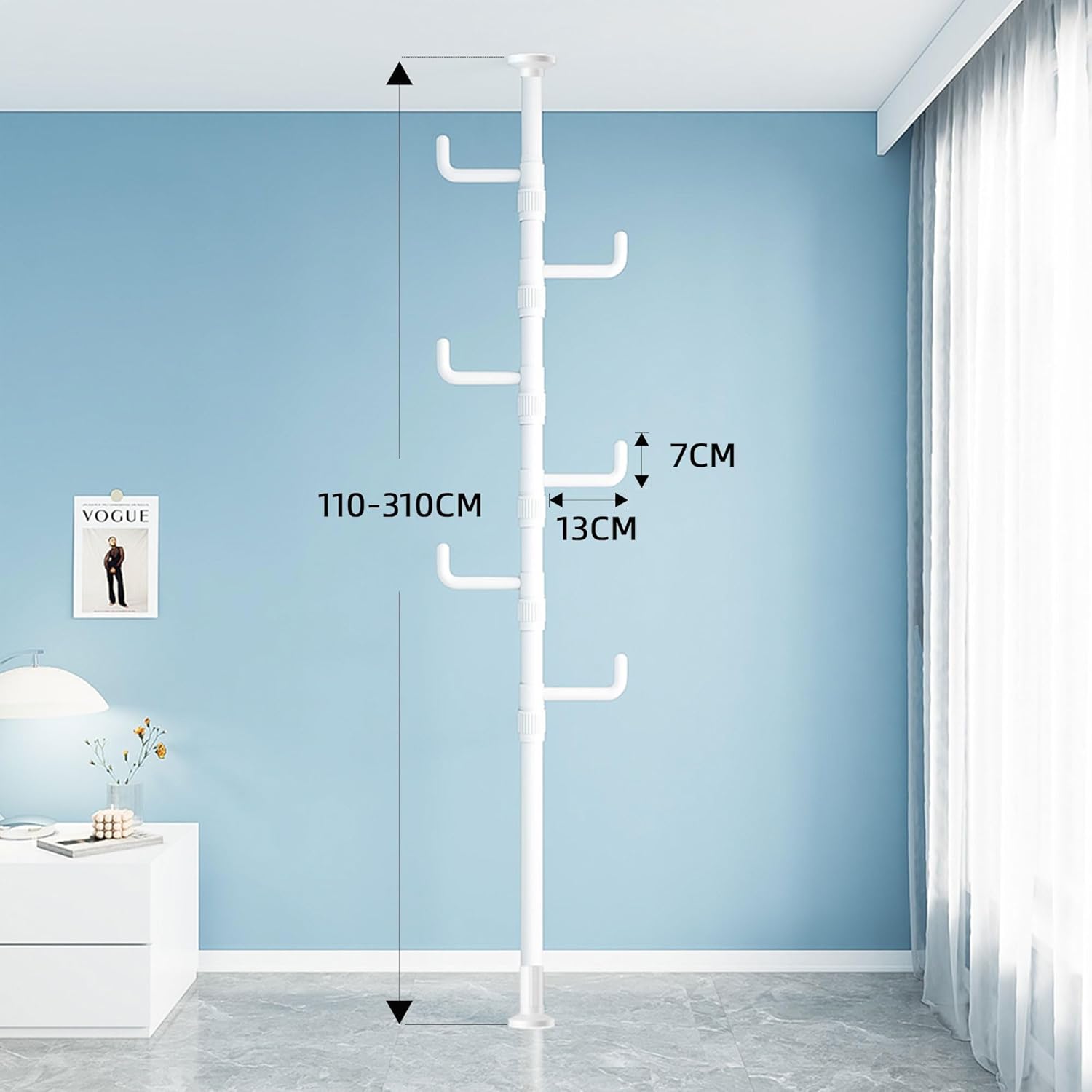 Easy to Setup Adjustable Clothes Stand Space Saving Drying Rack Coat Hanger DIY Floor to Ceiling Tension Rod Storage Organizer for Bedroom, Balcony, Bathroom, Hallway (White)
