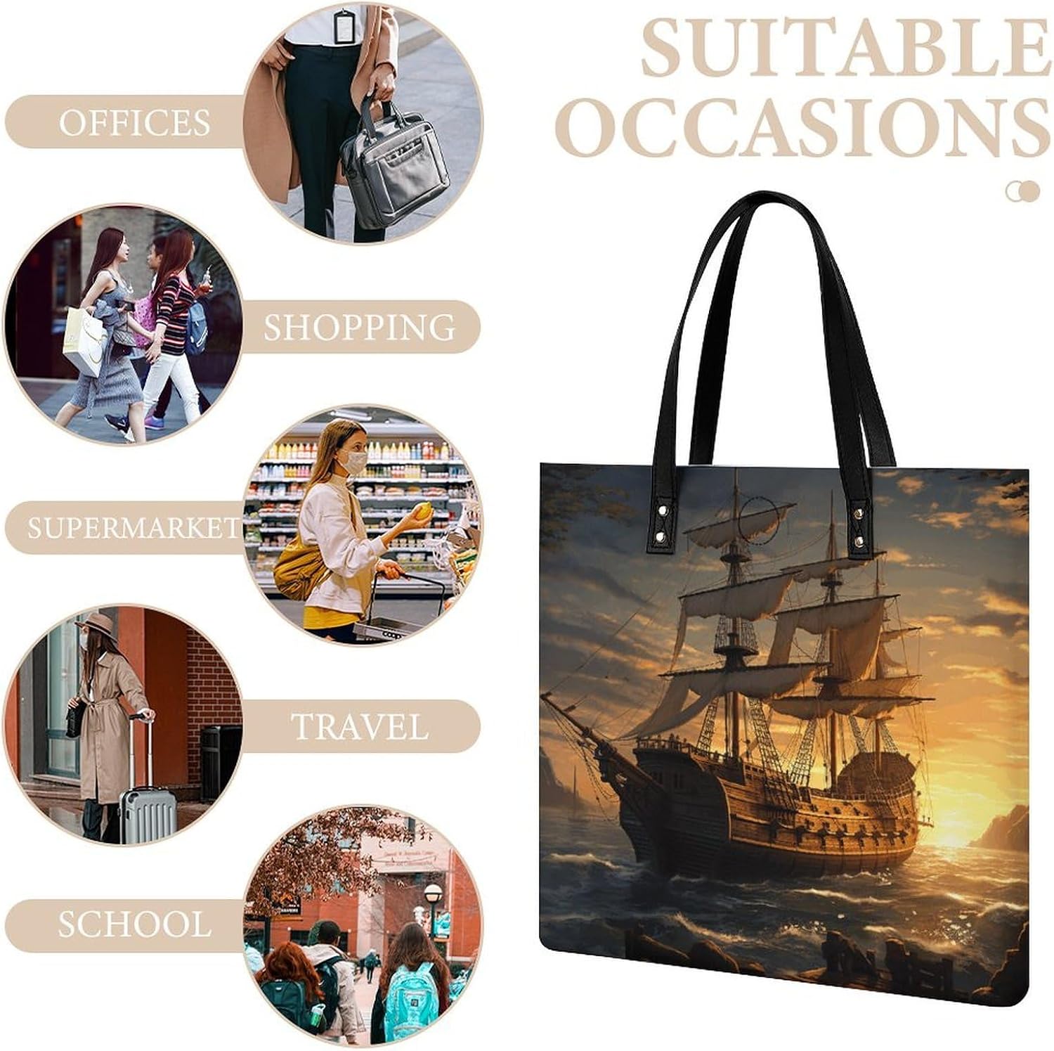 Fantasy Pirate Ship Tote Bag with Magnetic Buckle Reusable Grocery Bags Lightweight Cross Body Handbag for Daily Essentials
