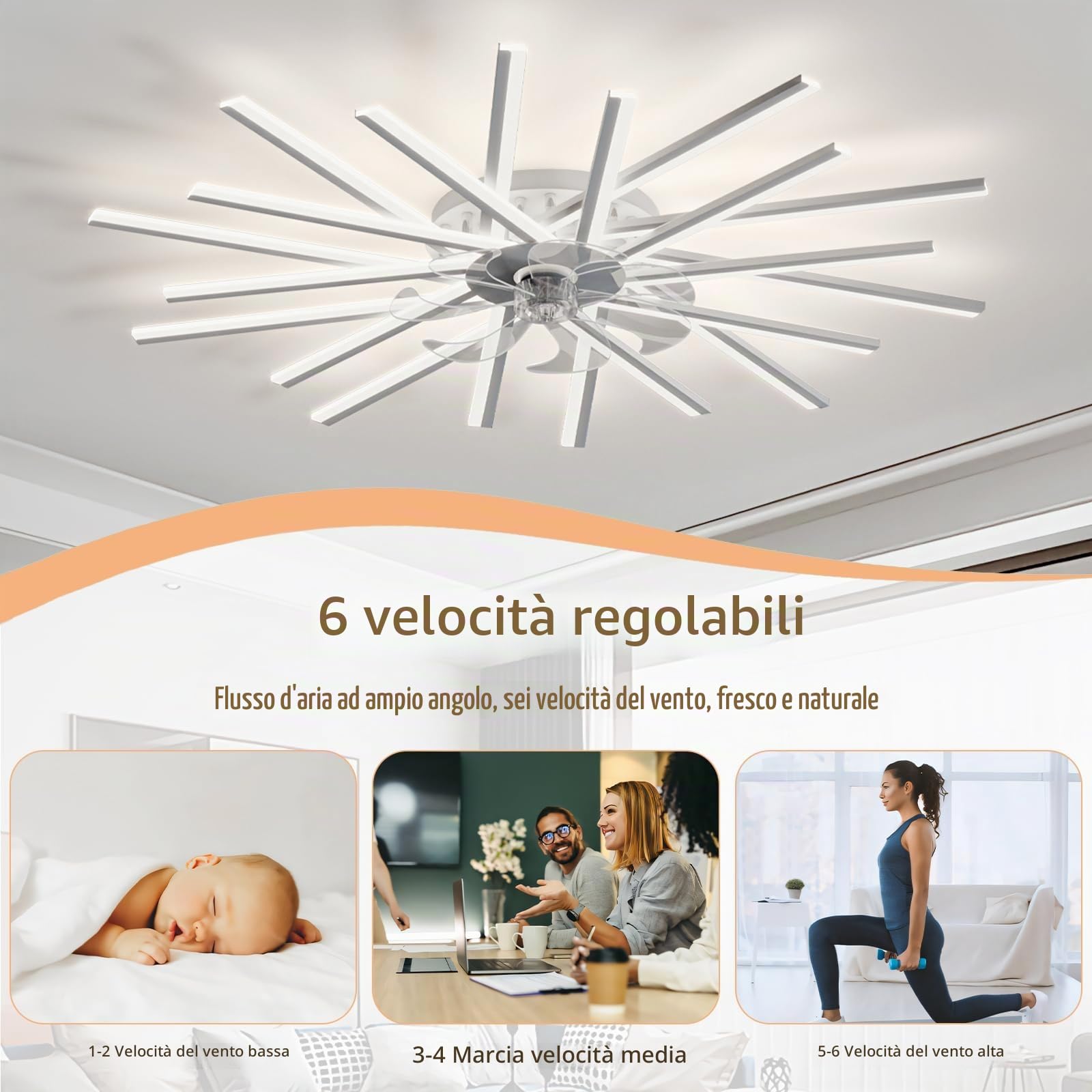 Lampadario Con Ventilatore Da Soffitto Memoria Dimmerabile LED Soggiorno Ventilatore Da Soffitto Con Luce 6 Velocità Reversibile Plafoniera Con Ventilatore Con Telecomando E APP-White||100CM