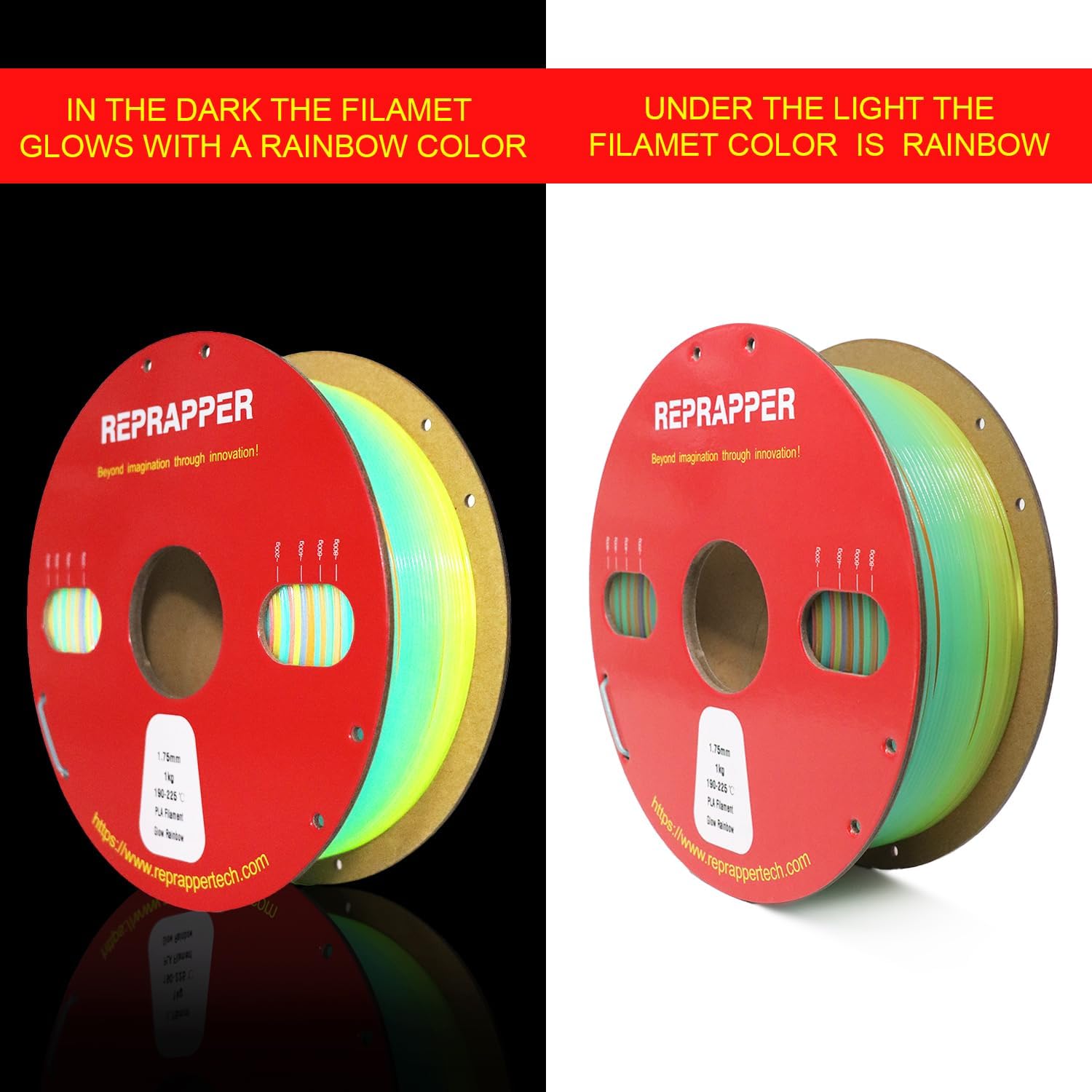 RepRapper Glow in the Dark Green PLA Filament 1.75mm (+- 0.03mm) 2.2lb (1kg) for 3D Printer, Phosphorescent Glow PLA Rainbow, Multicolor
