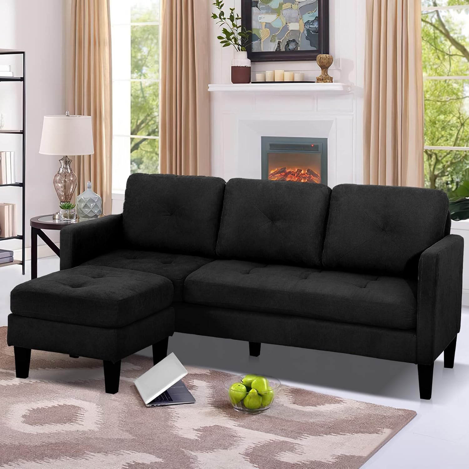 L Shaped Sofa Couch - Convertible Sectional Sofa Couch, Sofa Couches with Chaise, 3 Seat Sofas with Chaise for Small Space Living Room Apartment (Black)