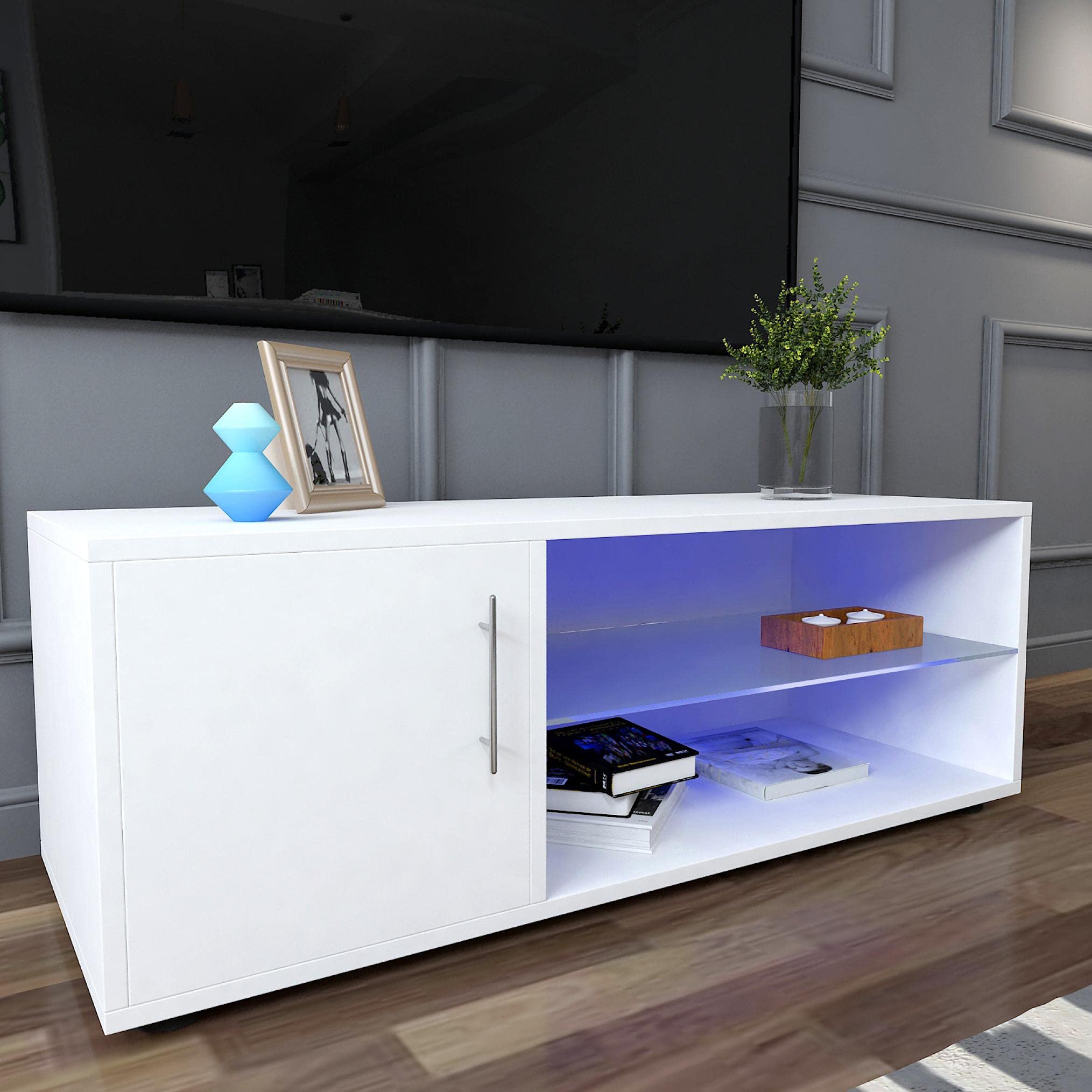 Buy TV Unit White Gloss 100cm, High gloss TV Stand with LED Lights, Modern TV