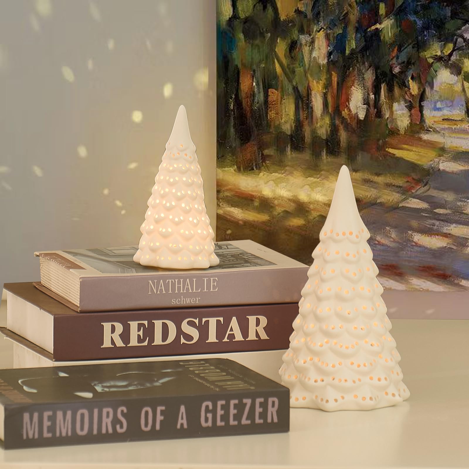 AOMOONOA Ceramic White Christmas Trees with Lights, 2Pcs Light Up Tabletop Porcelain AOMOONOA Ceramic White Christmas Trees with Lights, 2Pcs Light Up Tabletop Porcelain