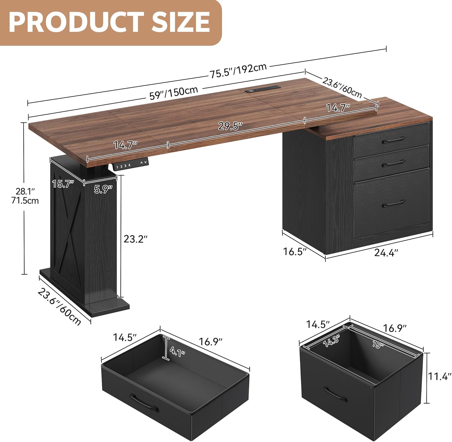 75.5 Inches Electric Standing Desk with Drawers Farmhouse Sit Stand Desk with Storage Adjustable Height Computer Desk with Power Outlets Printer Space for Home Office Black and Walnut