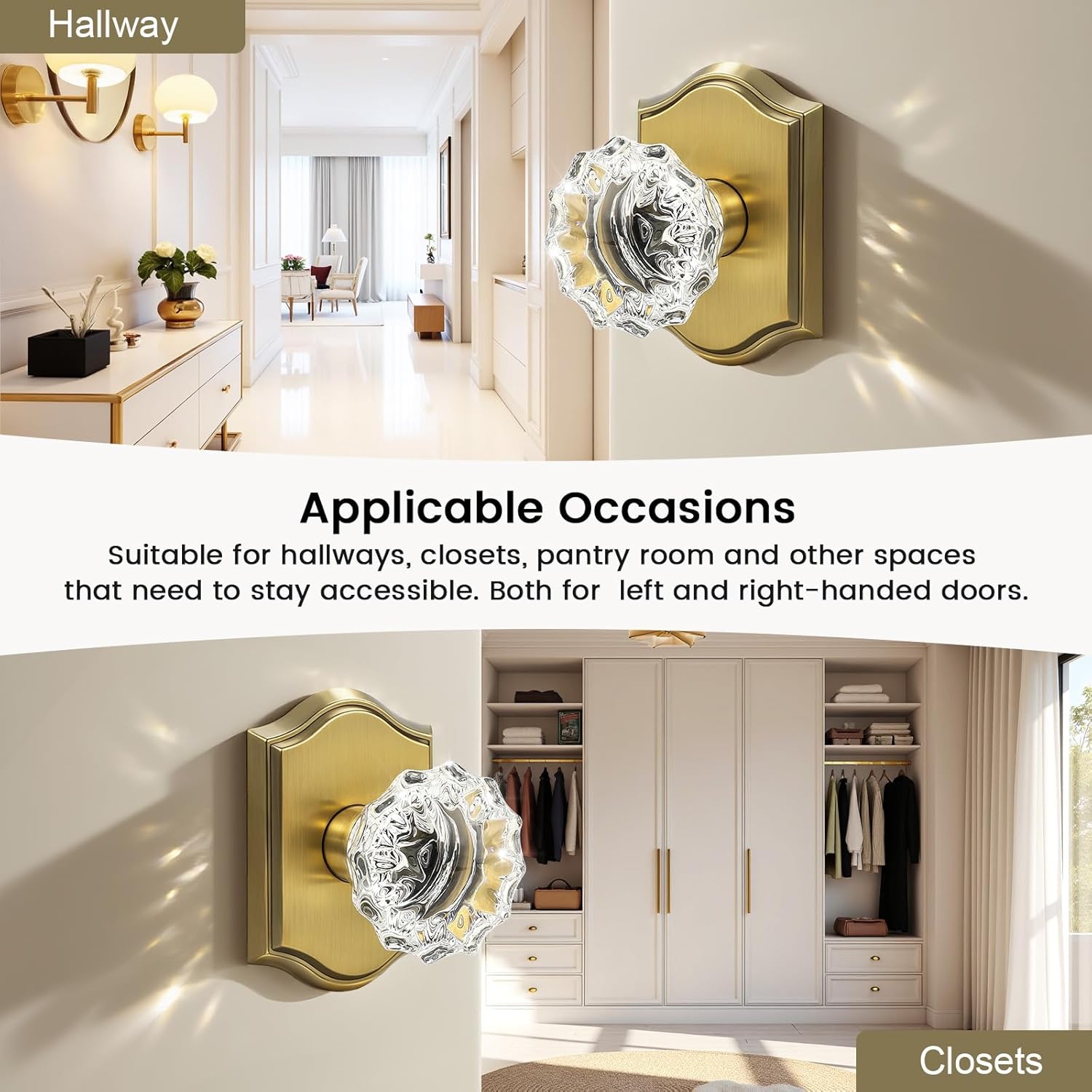 KNOBWELL Octagonal Crystal Door Knobs Interior, Glass Door Lock in Antique Brass, Passage Door Locksets for Hallways and Closet, Zinc Alloy, 1 Pack