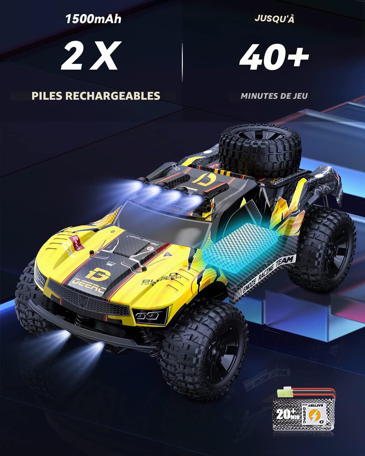 DEERC Voiture télécommandée 1:10 avec lumières RC Voiture 48km/h 4WD Offroad Hobby Grade Monster Crawler avec 2 batteries 40 minutes d'autonomie 2 coques de voiture pour adultes, enfants (9201E)