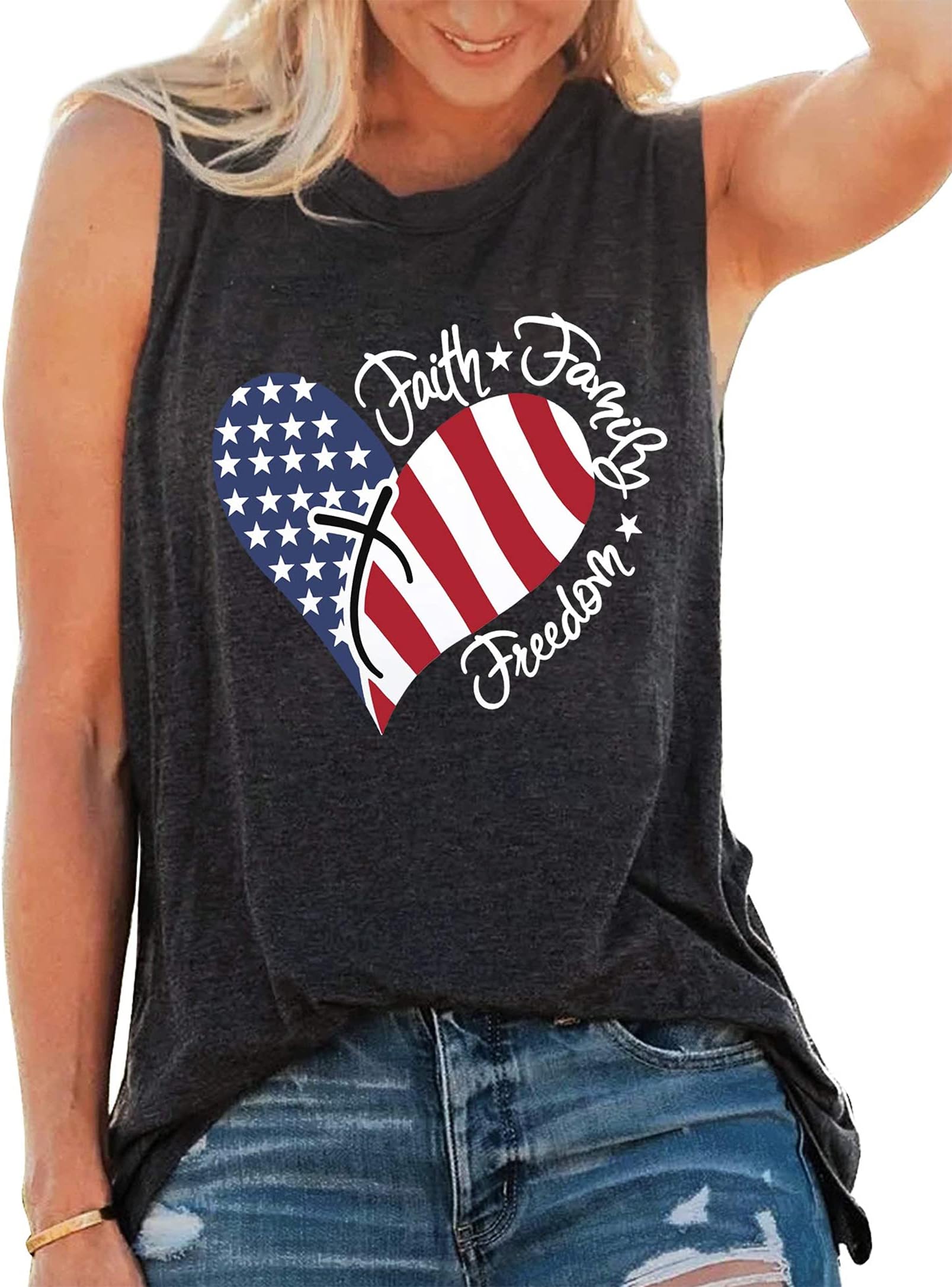 American Flag Tank Tops Women Sunglass Graphic Tees Shirts Casual Sleeveless 4th of July Shirt Tops