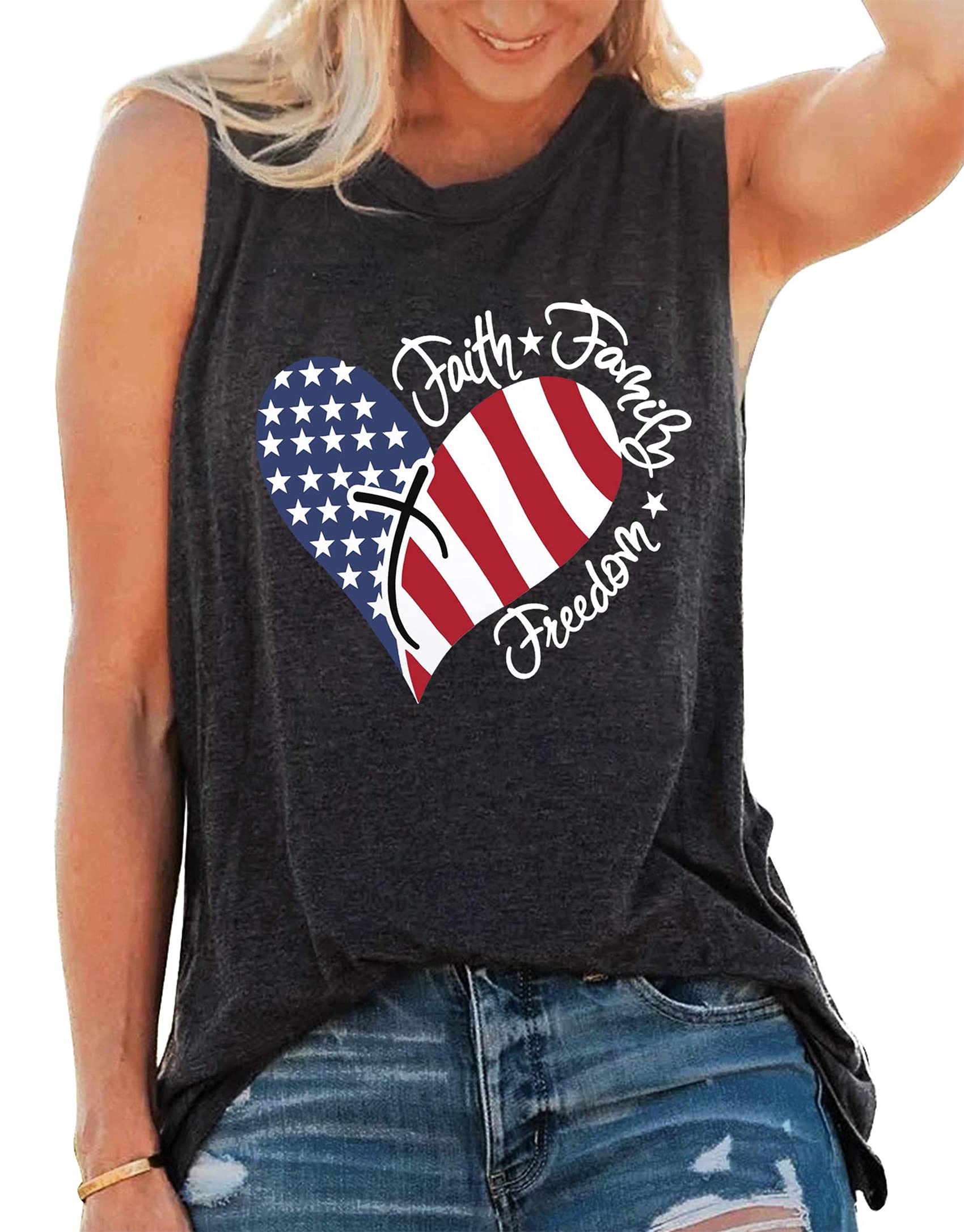 American Flag Tank Tops Women Sunglass Graphic Tees Shirts Casual Sleeveless 4th of July Shirt Tops