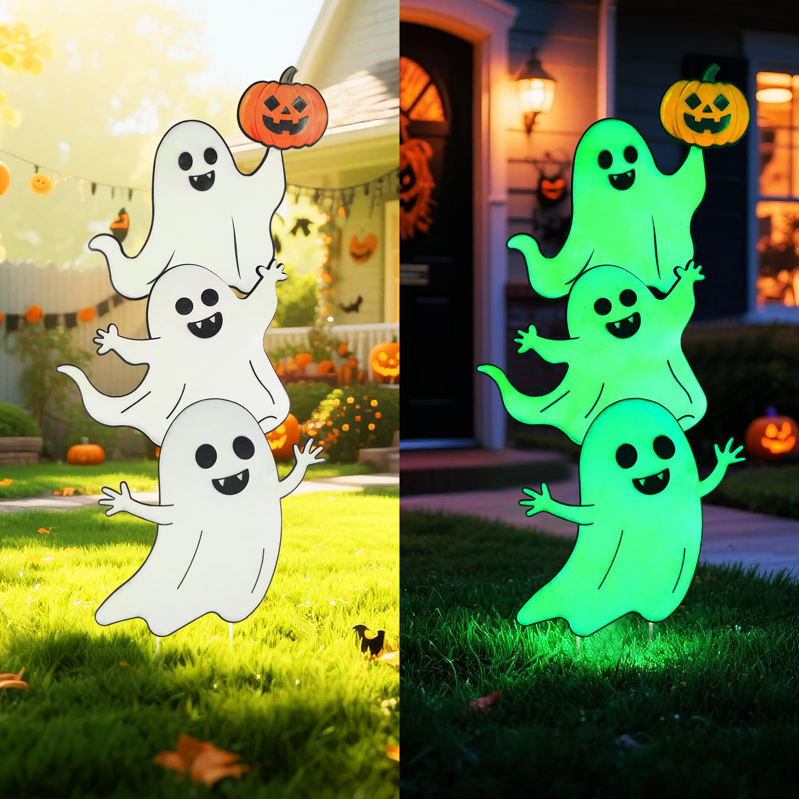 Larber 97CM Large Metal Halloween Ghost Yard Sign Glow in The Dark Ghost with Stake Halloween Outdoor Yard Signs Decoration for Lawn Garden Party Decoration