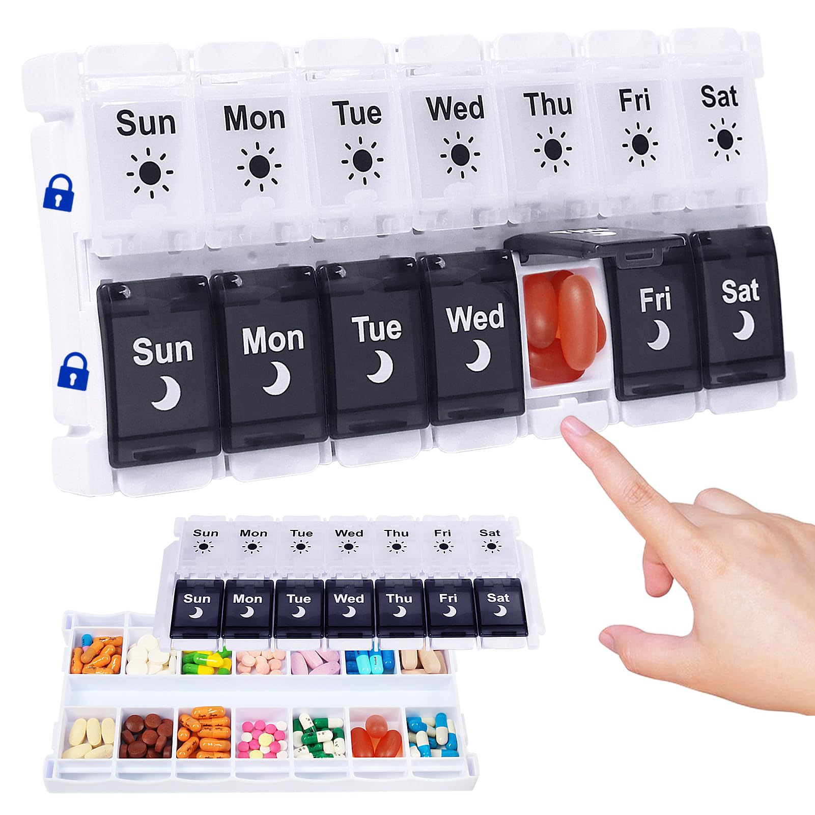 Sponsored Ad – Pill Boxes 7 Day 2 Times a Day, Easy Fill Push Button Weekly Pill Box Medicine Organiser Large Am Pm Tablet Organiser for Vitamin, Fish Oil, Supplements