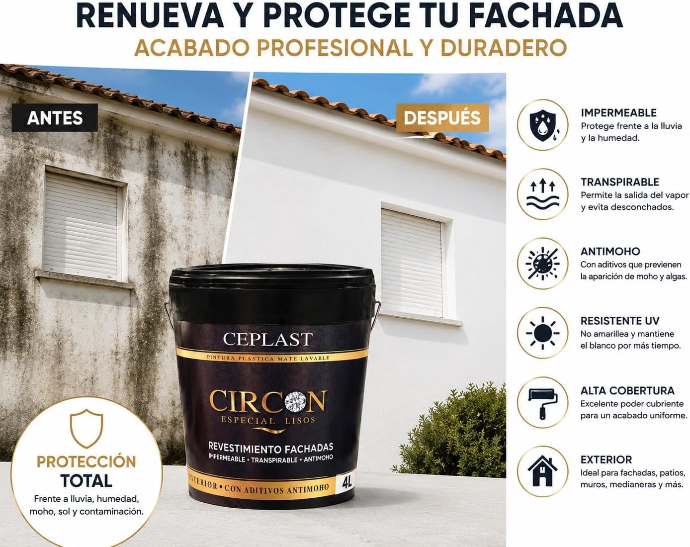 Revestimiento Fachadas Exterior 4L – Pintura Impermeable, Transpirable y Antimoho – Alta Resistencia al Clima y Rayos UV – No Amarillea – Blanco Mate Máxima Cobertura – CEPLAST CIRCON