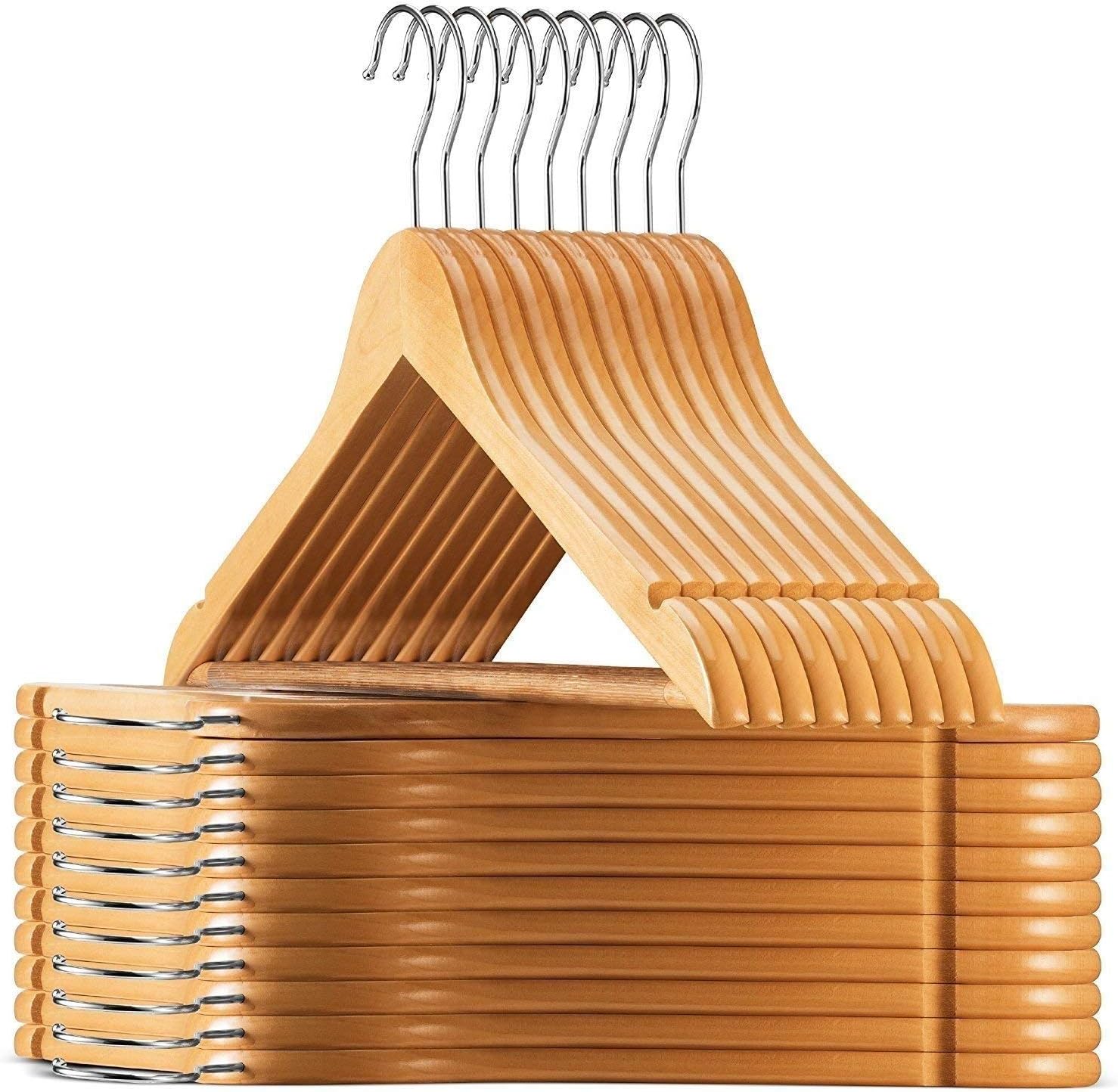 GINOYA BROTHERS - Natural Wooden Suit Hangers - Premium Wood with Notches & Chrome Swivel Hook for Dress Clothes, Coats, Jackets, Pants, Shirts, Skirts Hanger (50)