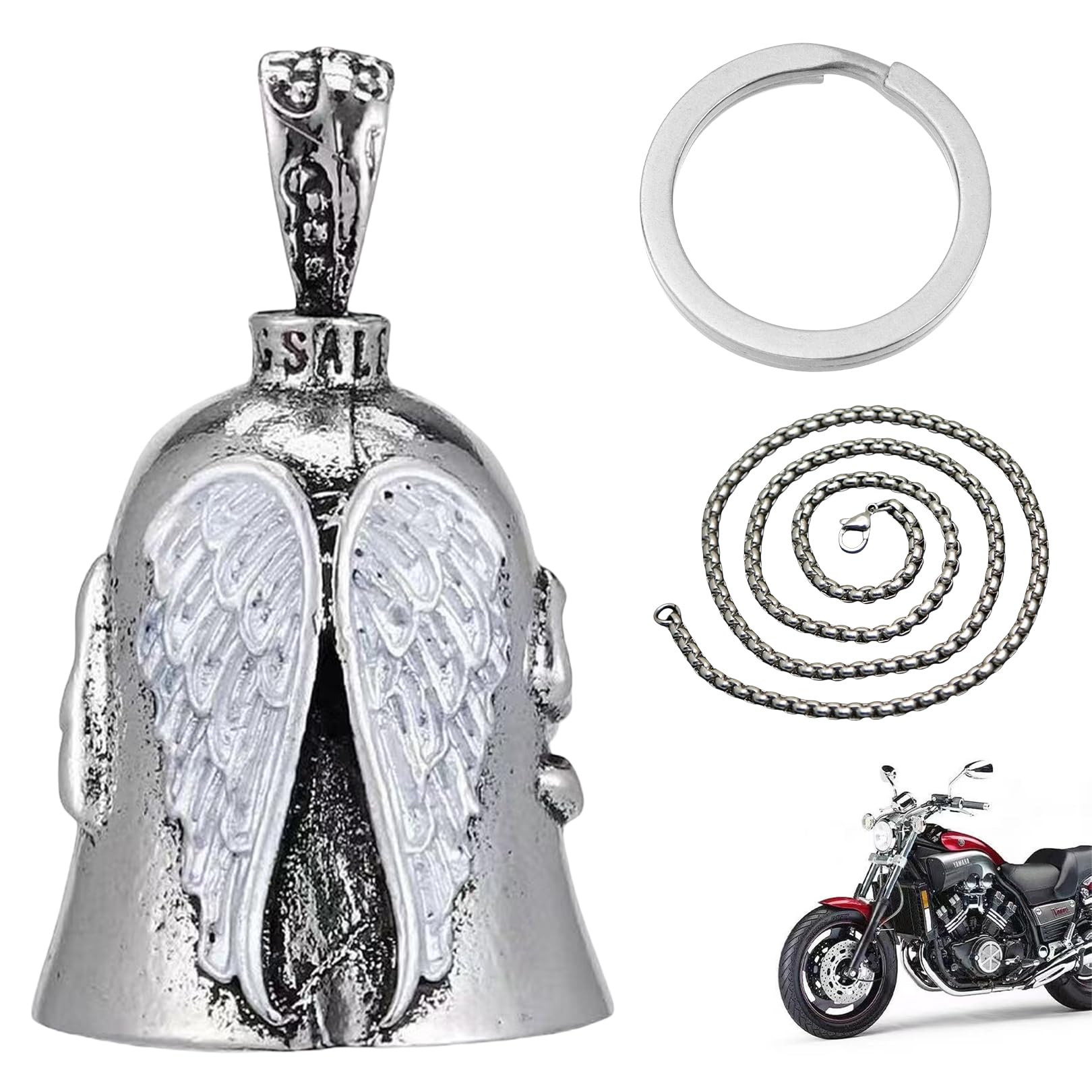 Guardian Bell Motorcycle, Biker Bell Motorcycle Bell, Stainless Steel Motorcycle Bell Angel, Bell Lucky Charm, Protective Bell Angel for Accessories or Key Chain, for Bless the Peace (Silver