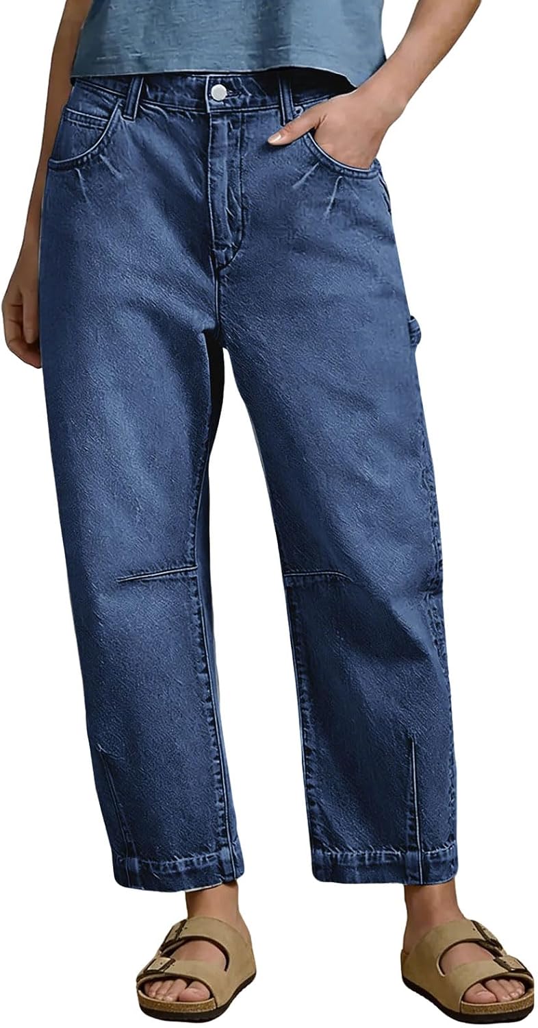 loveimgs Women Baggy Barrel Jeans Mid Rise Wide Leg Jeans Boyfriend Crop Denim Ankle Pants Patchwork Cargo Sweatpants Pockets
