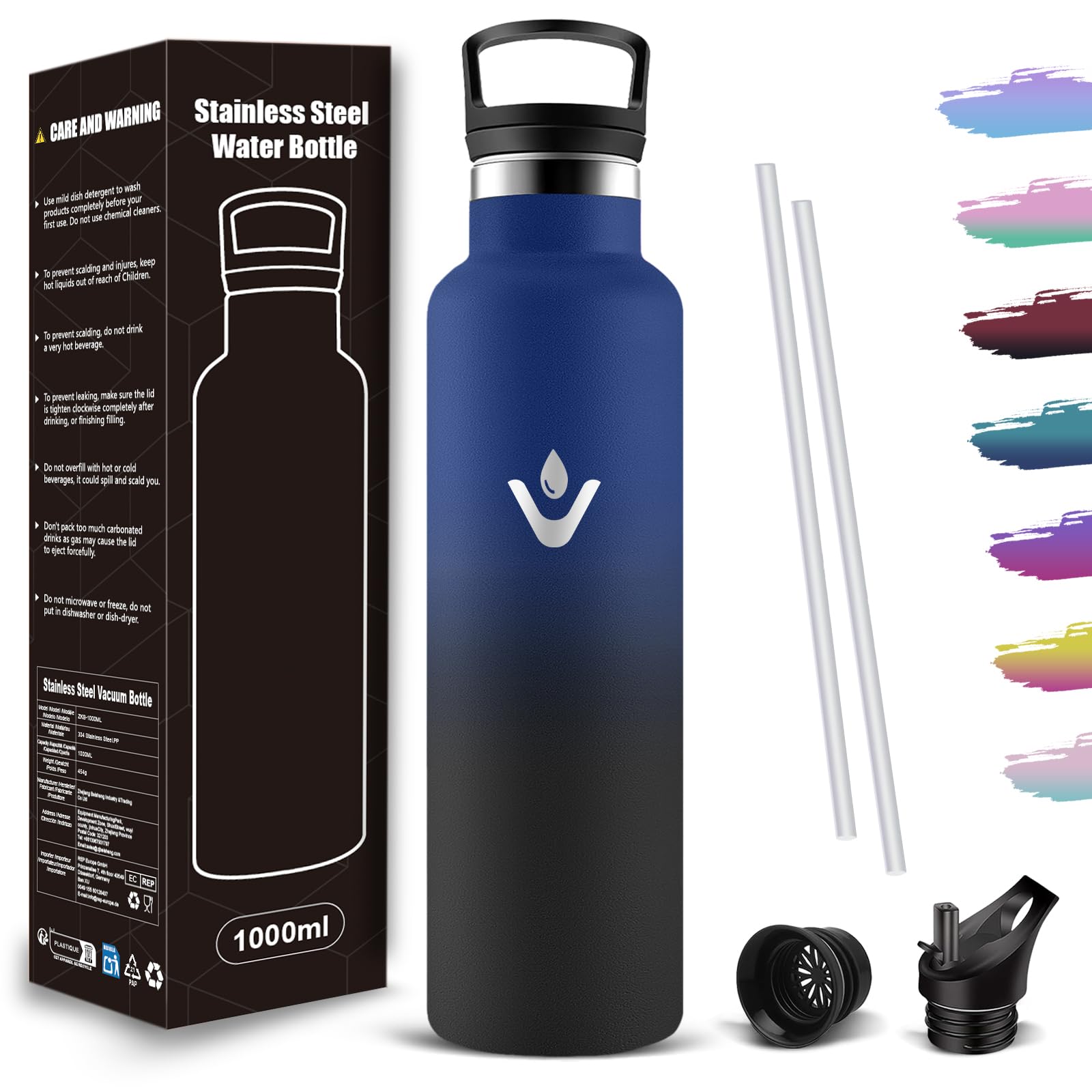 Mujigaga Insulated Water Bottle, 1L BPA-Free Stainless Steel Sports Bottle, Leakproof Insulated Bottle with Straw, Double Insulation, Stainless Steel Water Bottle for Camping, Gym, Sport, Travel